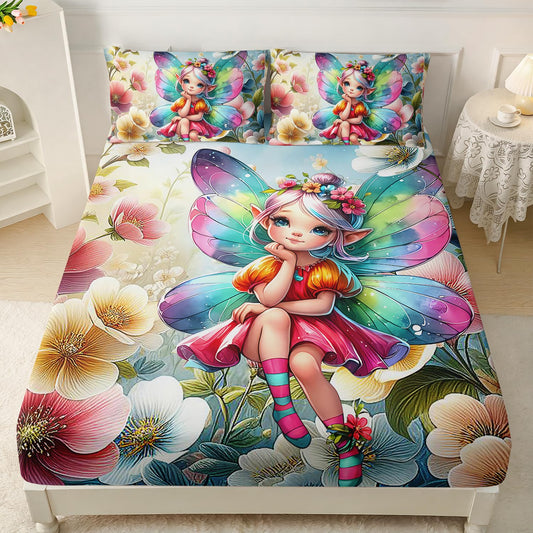 AILONEN Twin 3Pcs Beautiful Fairy Girls Fitted Sheet Set,Colorful Floral Flower Bed Sheet Set,Rainbow Butterfly Girls Sheet Set for Kids Teen,1 Fitted Sheet with 2 Pillowcases