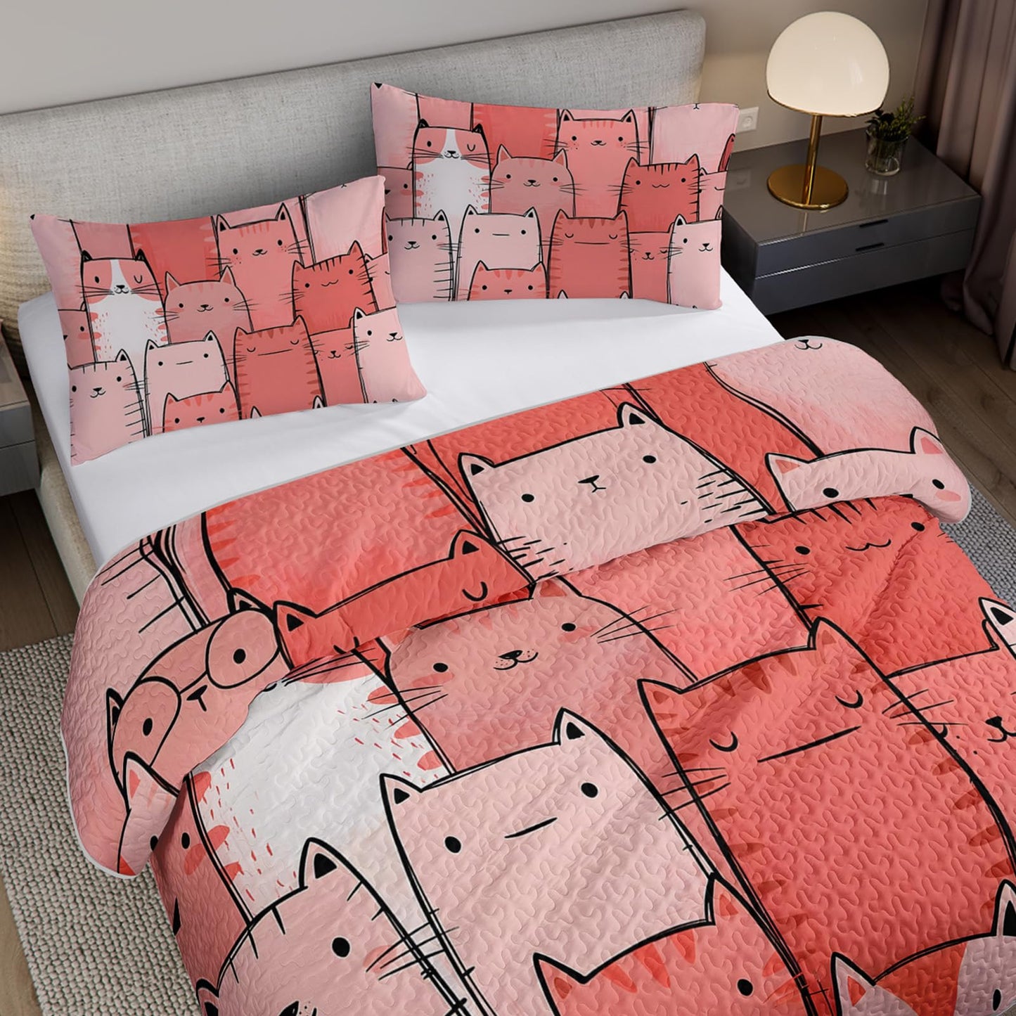 AILONEN Full Quilted Comforter 3 Piece Set, Kawaii Kitten Bedspread Coverlet with 2 Pillowcases, Breathable Coral Pet Bedding for Teens Guest Apartment Playful Feline Sketchy Style