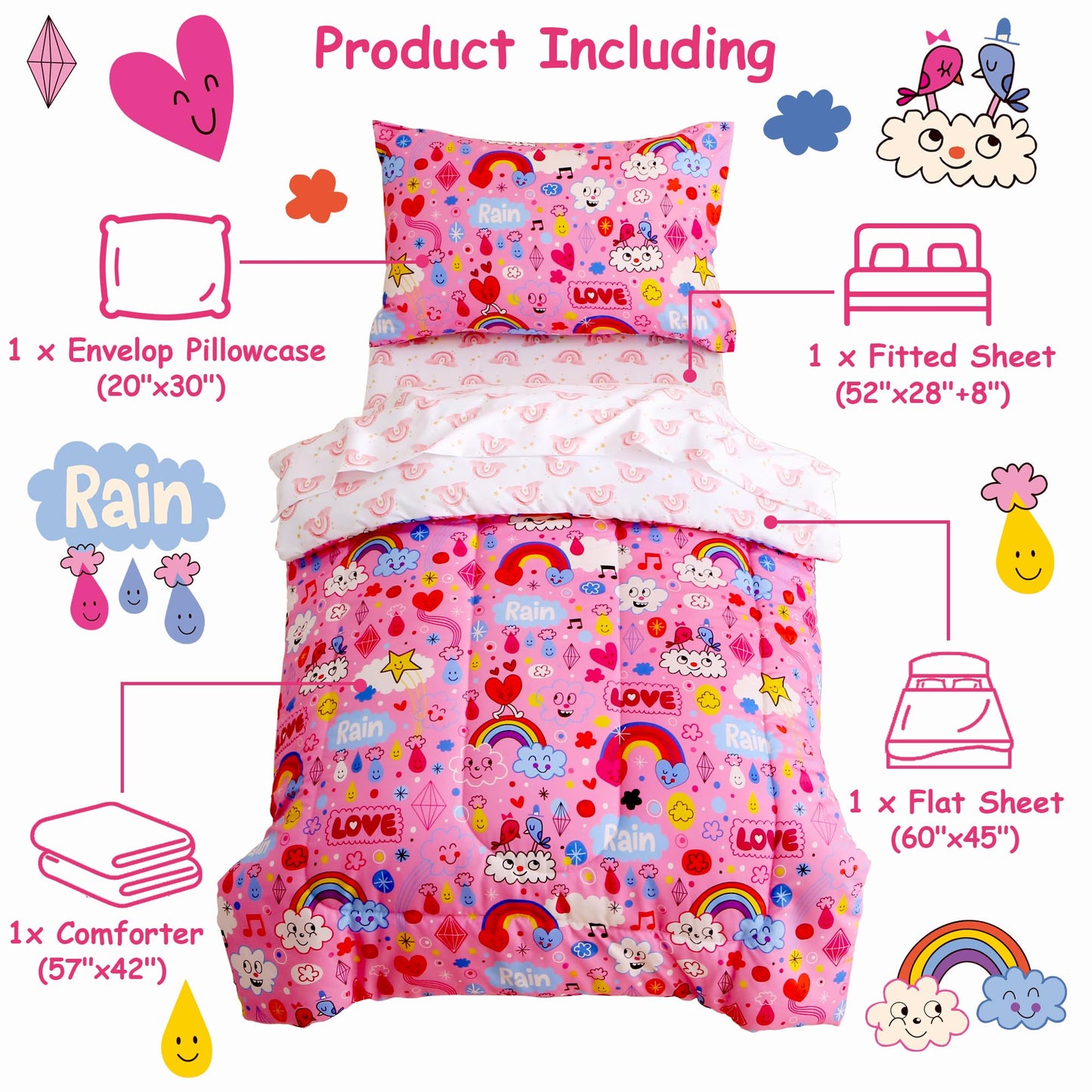 Mooreeke 4 Pieces Toddler Bedding Set - Pink Rainbow Cloud Toddler Comforter Sets for Girls, Includes Comforter, Flat Sheet, Fitted Sheet and Pillowcase, Bed in A Bag for Baby Bedroom