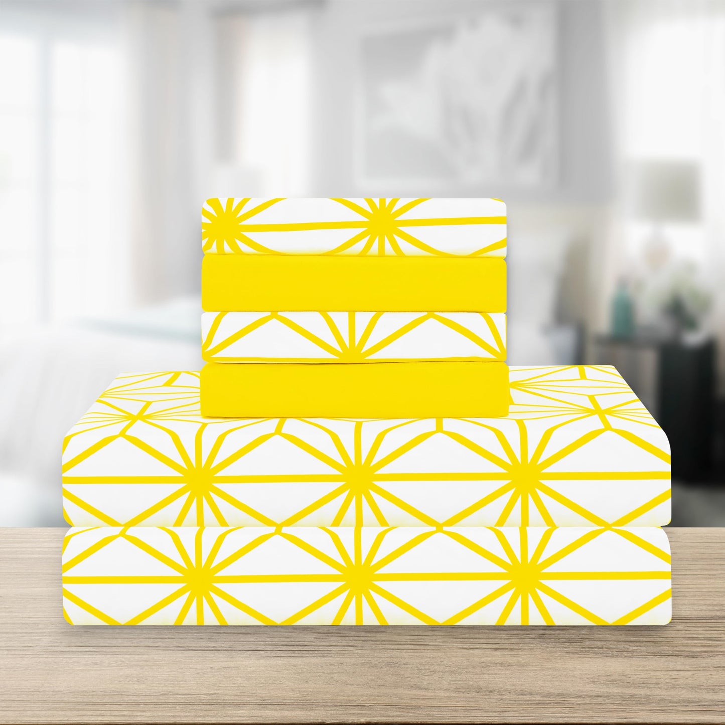 Elegant Comfort Luxury Soft 6-Piece Cube Geometric Pattern Sheet Set - 1500 Premium Quality Microfiber - Wrinkle and Fade Resistant Coziest Bedding Set, All Around Elastic Fitted Sheet, Full, Yellow