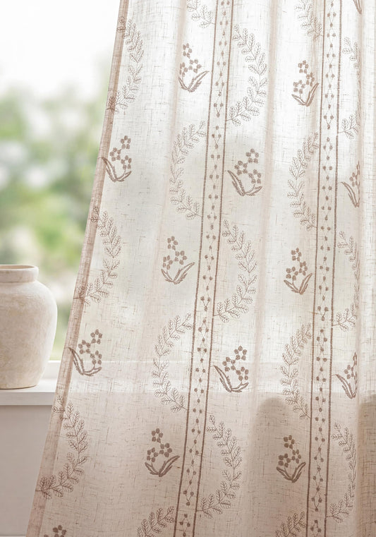 THREE GIRLS Lily of the Valley Beige Vintage Floral Linen Curtains 96 Inch 2 Panels Back Tab/Rod Pocket Light Filtering Window Drapes for Farmhouse Living Room Bedroom Kitchen