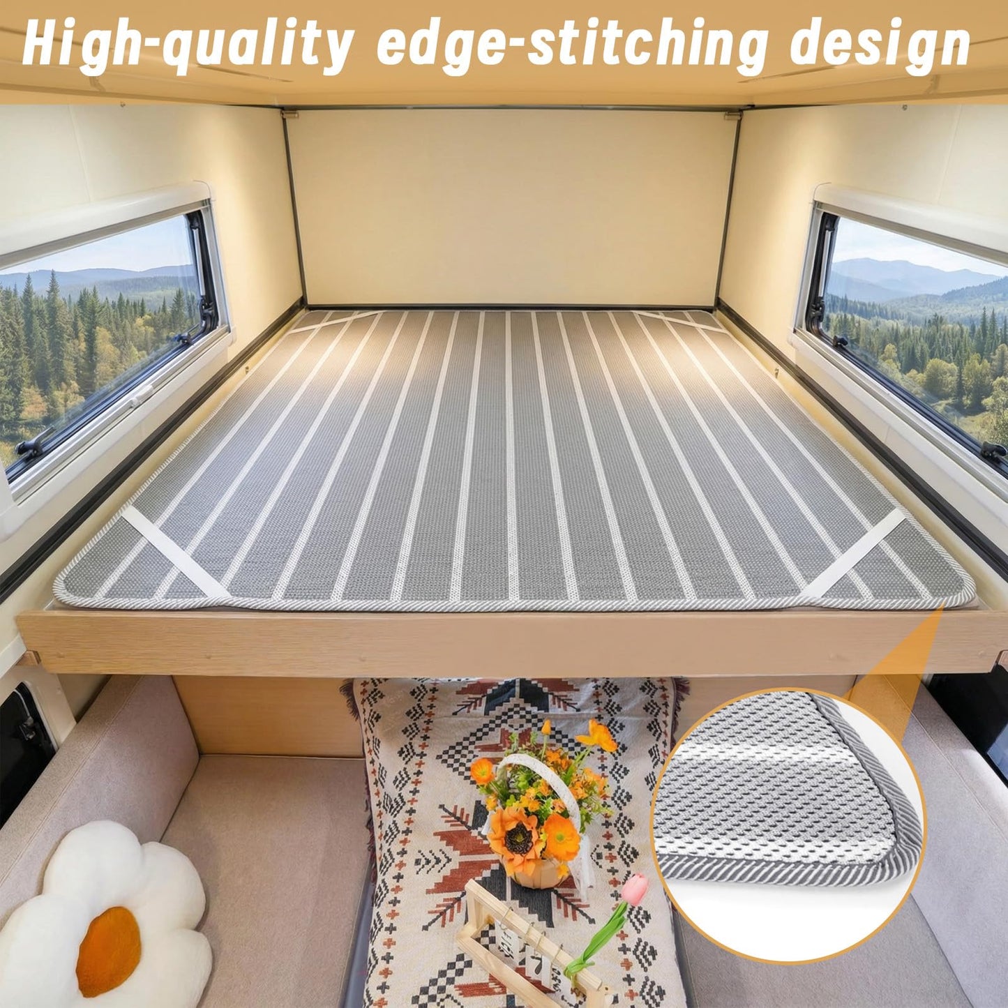 RV Mattress Underlay Moisture Barrier & RV Under Mattress Ventilation, Mattress Support Board with 4 Straps - 3D Grey Stripe Airflow Pad for Camper, Boat (60 * 80 * 0.3")