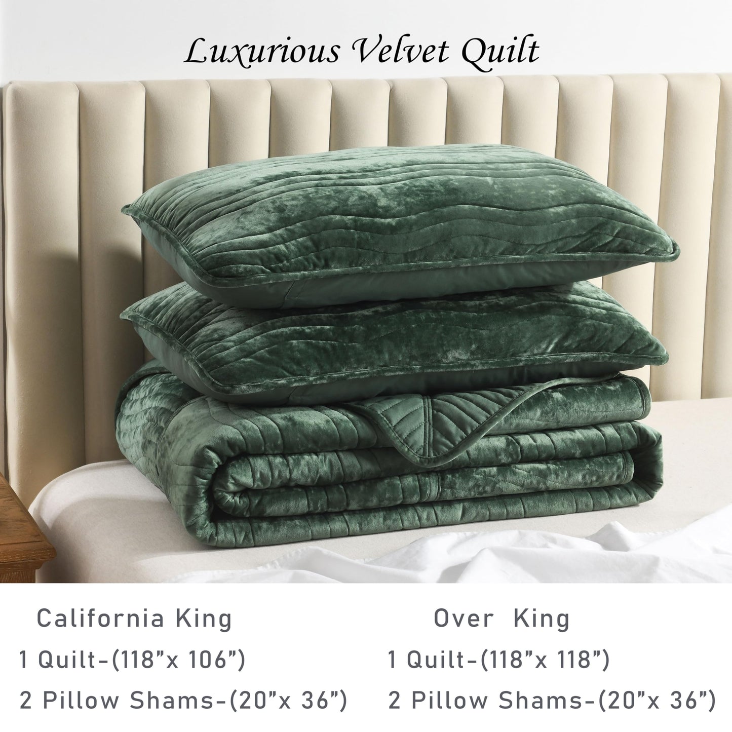 AJOCCI Velvet Oversized King Quilt Set, California King Comforter Set Emerald Green Bedding Set (118”*118”) with 2 Pillow Shams, Luxurious Quilt Set,All-Season 3 Pieces