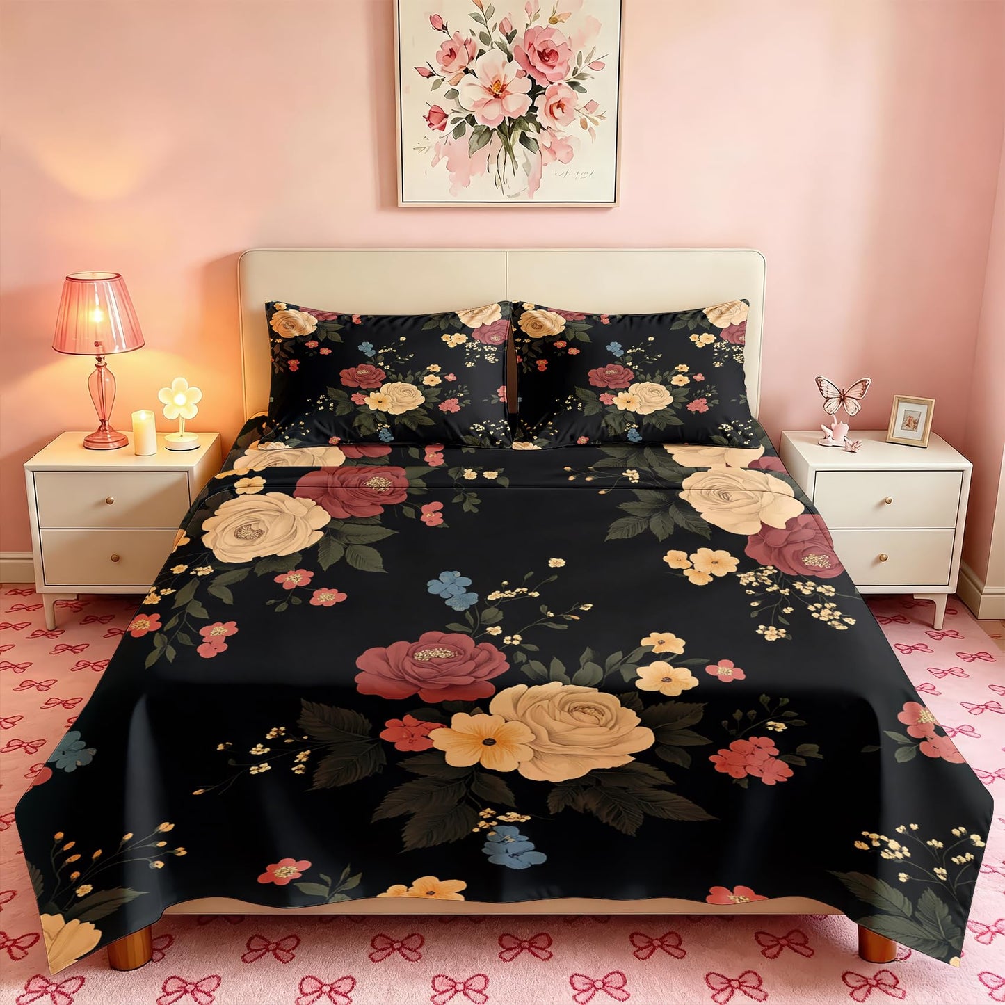 Peony Floral Bedding Set 4 Pcs Flowers King Sheets