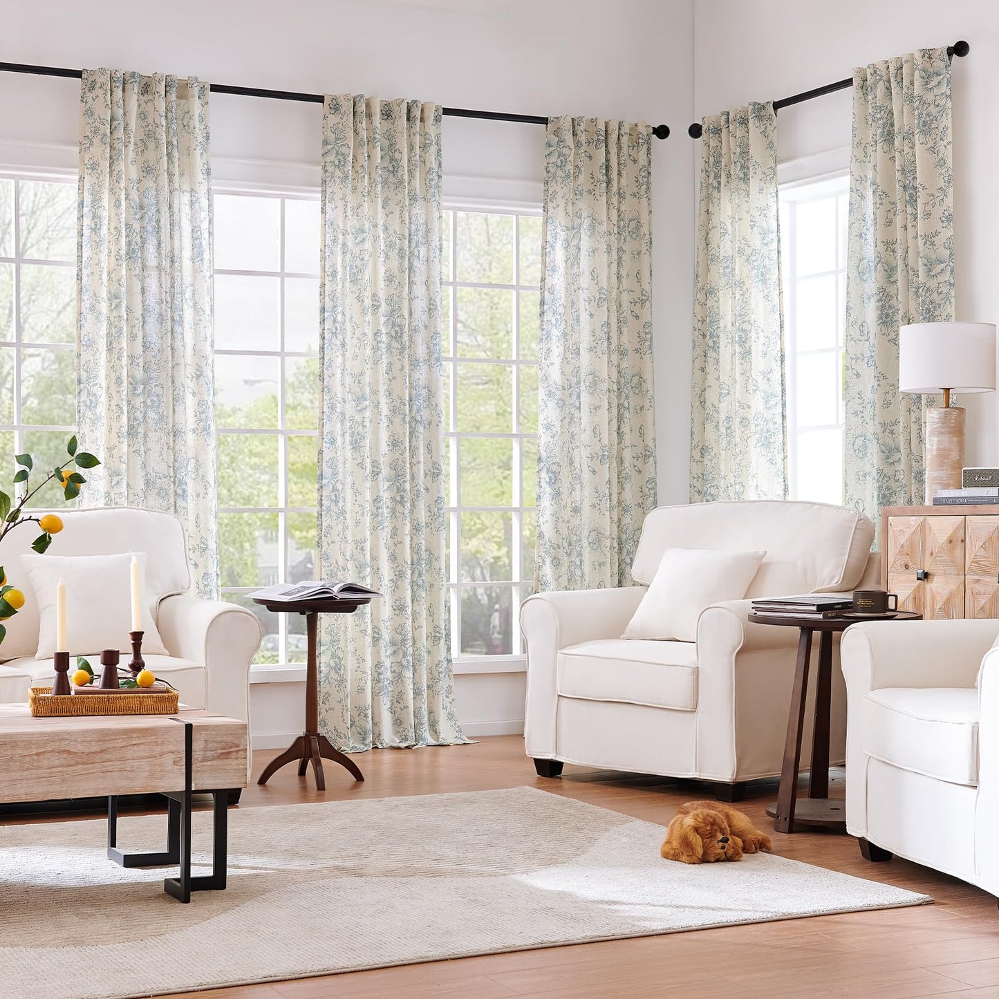 jinchan Linen Blend Curtain Floral Curtains for Living Room 84 Inch Length Blue Printed Curtain Rod Pocket Back Tab Farmhouse Peony Flower Patterned Drapes Bedroom Window Curtains Set 2 Panels