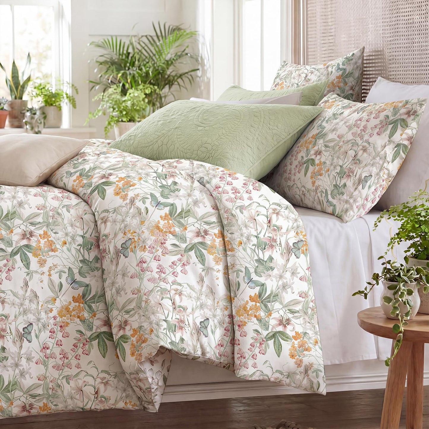 Bedorm Queen Duvet Cover 100% Cotton Floral Bedding Set with Zipper Closure Vintage Flower Leaf Botanical Bedding Soft & Durable French Country Duvet Cover Set