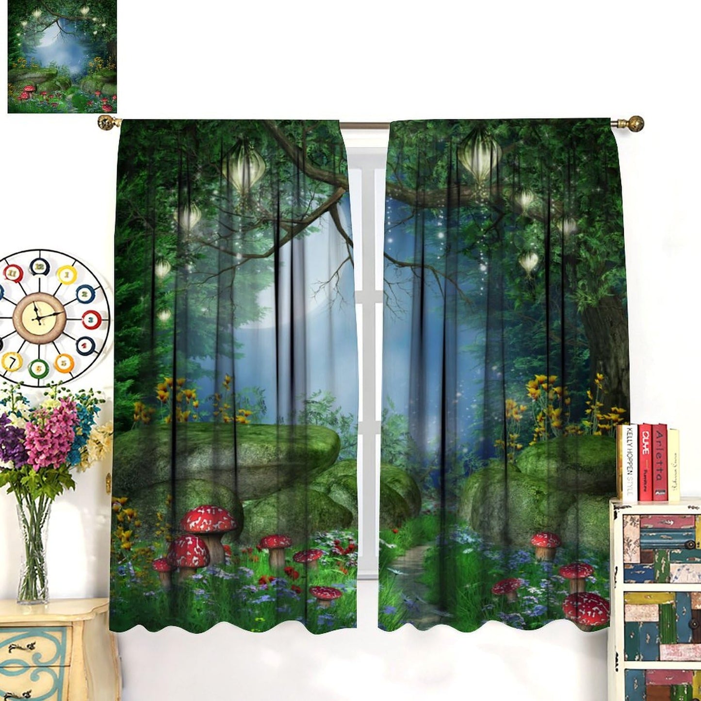 DDCBNS Fantasy Nature Windows Curtains,Magical Forest Dreamland Window Treatments for Bedroom Living Room Mushroom Flower Drapes 2 Panels Set,Total Size 42 x 45 Inch