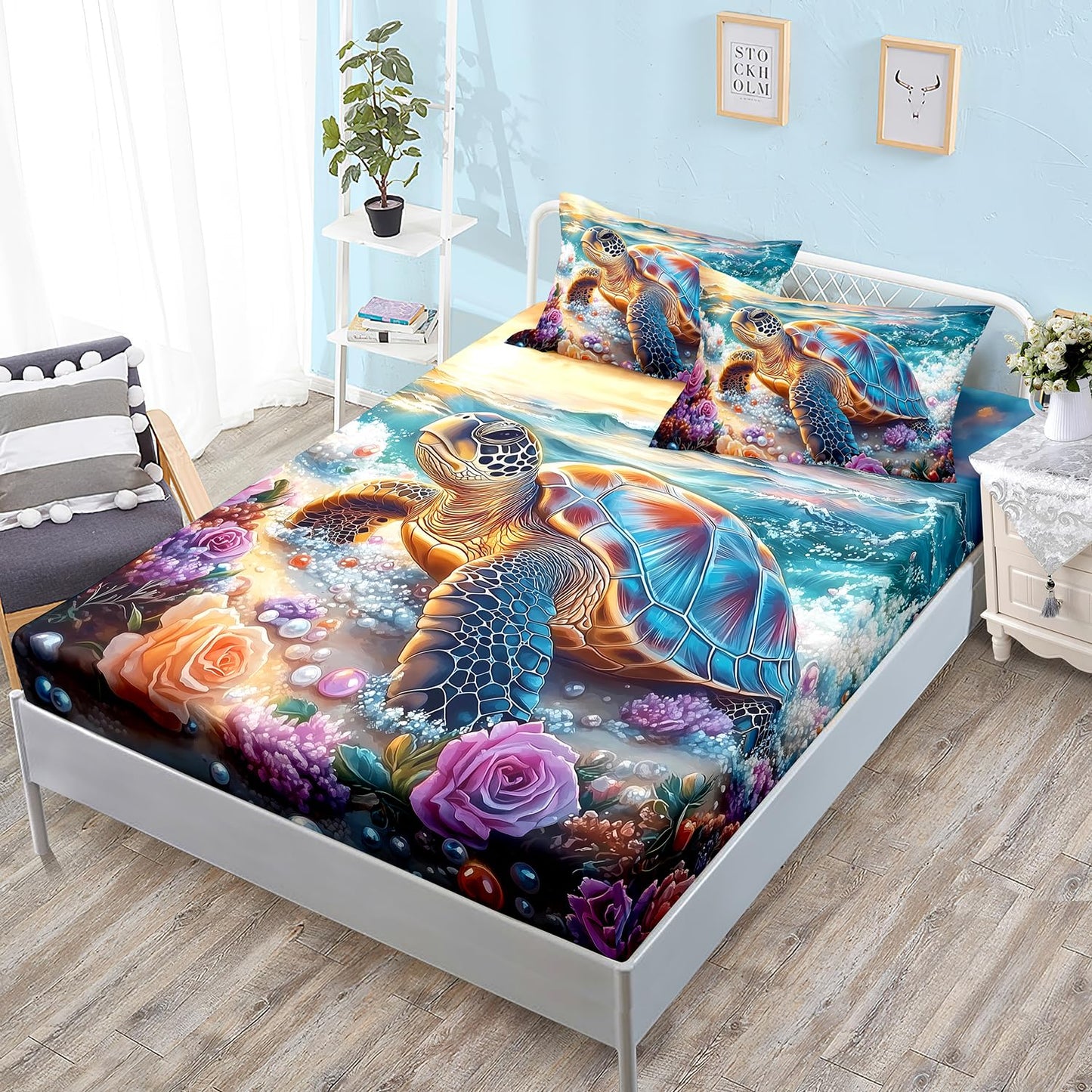 HOSIMA Sea Turtle Twin Fitted Sheet for Boys Room Decor,Blue Sea Turtle Srrounded by Flowers Pearl Print Coastal Bedding,Ocean Themed Bedding for Teens Girls,1 Fitted Sheet+2 Pillowcases.