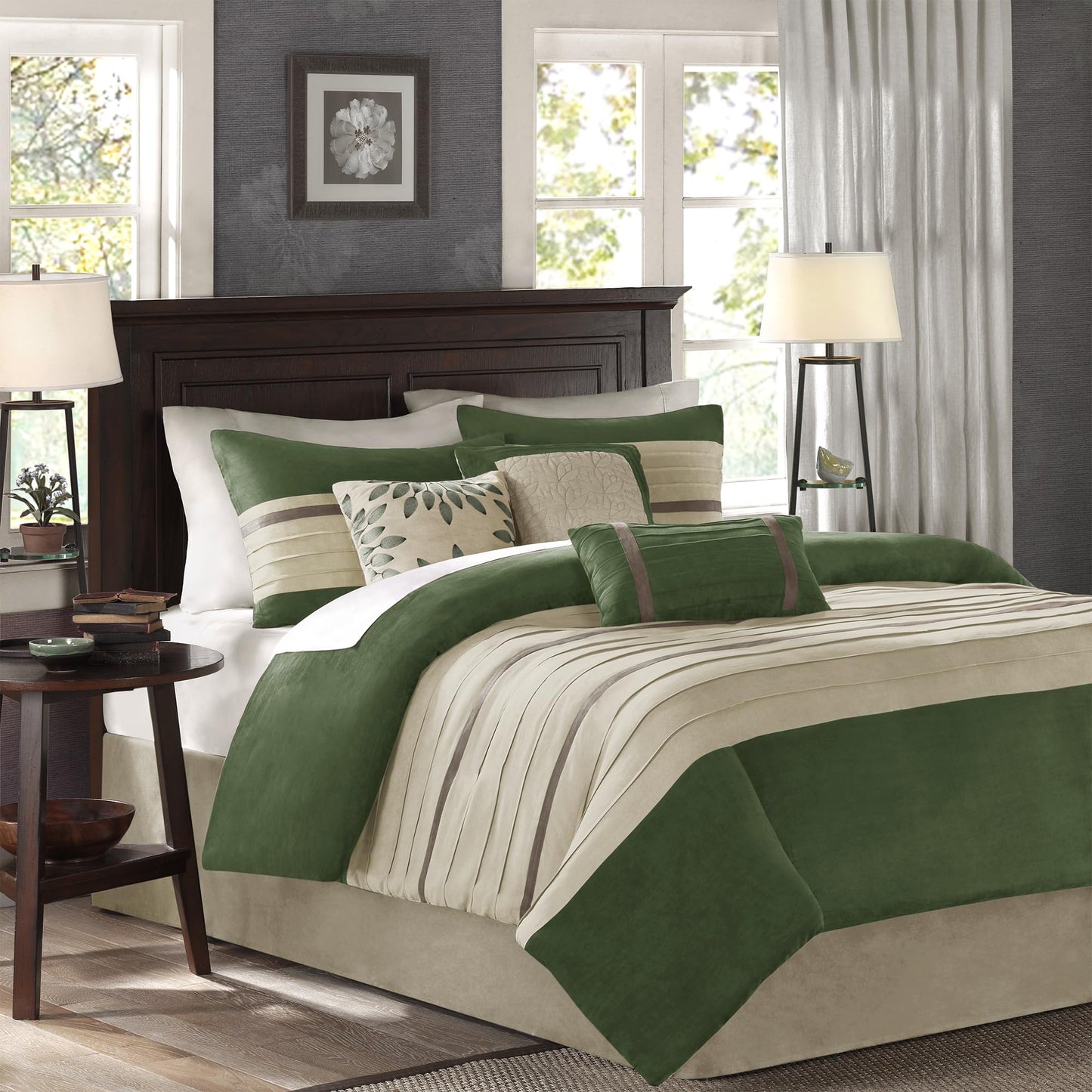 Madison Park Palmer Comforter Set-Luxury Faux Suede Design, Striped Accent, All Season Down Alternative Bedding, Matching Shams, Decorative Pillow, Bed Skirt, King (104 in x 92 in), Green 7 Piece