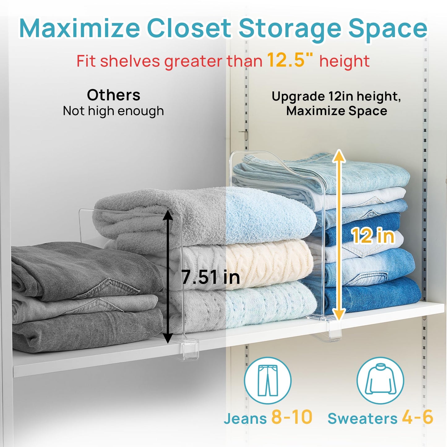 Vtopmart 4 Pack 12in Height Shelf Dividers for Closet Organization, Clear Plastic Closet Shelf Dividers of Upgrade 12in for Maximizing Vertical Space Storage, Organizing Sweater, Jeans, Shirts, Bags