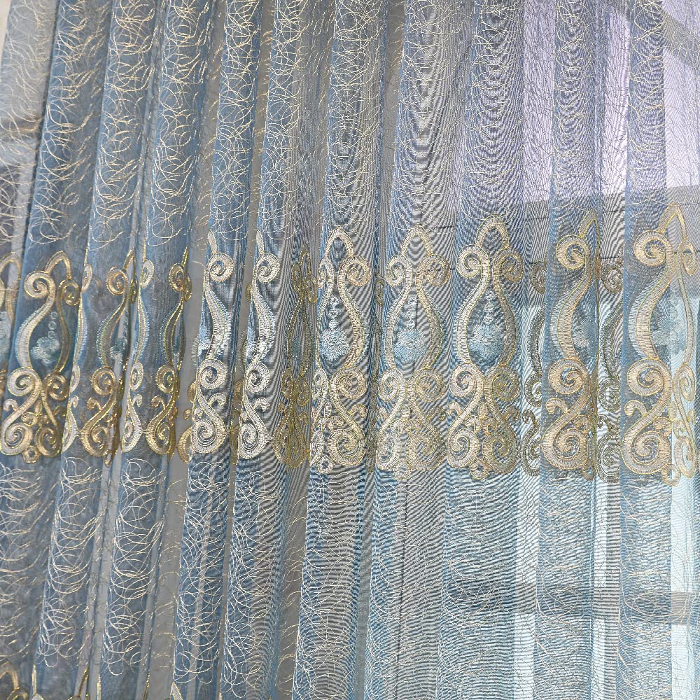 Amidoudou 1 Pair European Jacquard Sheer Curtains Embroidered Tulle Curtains Living Room Bedroom Luxury Translucent Curtains (Blue Grey,51x96 Inch)