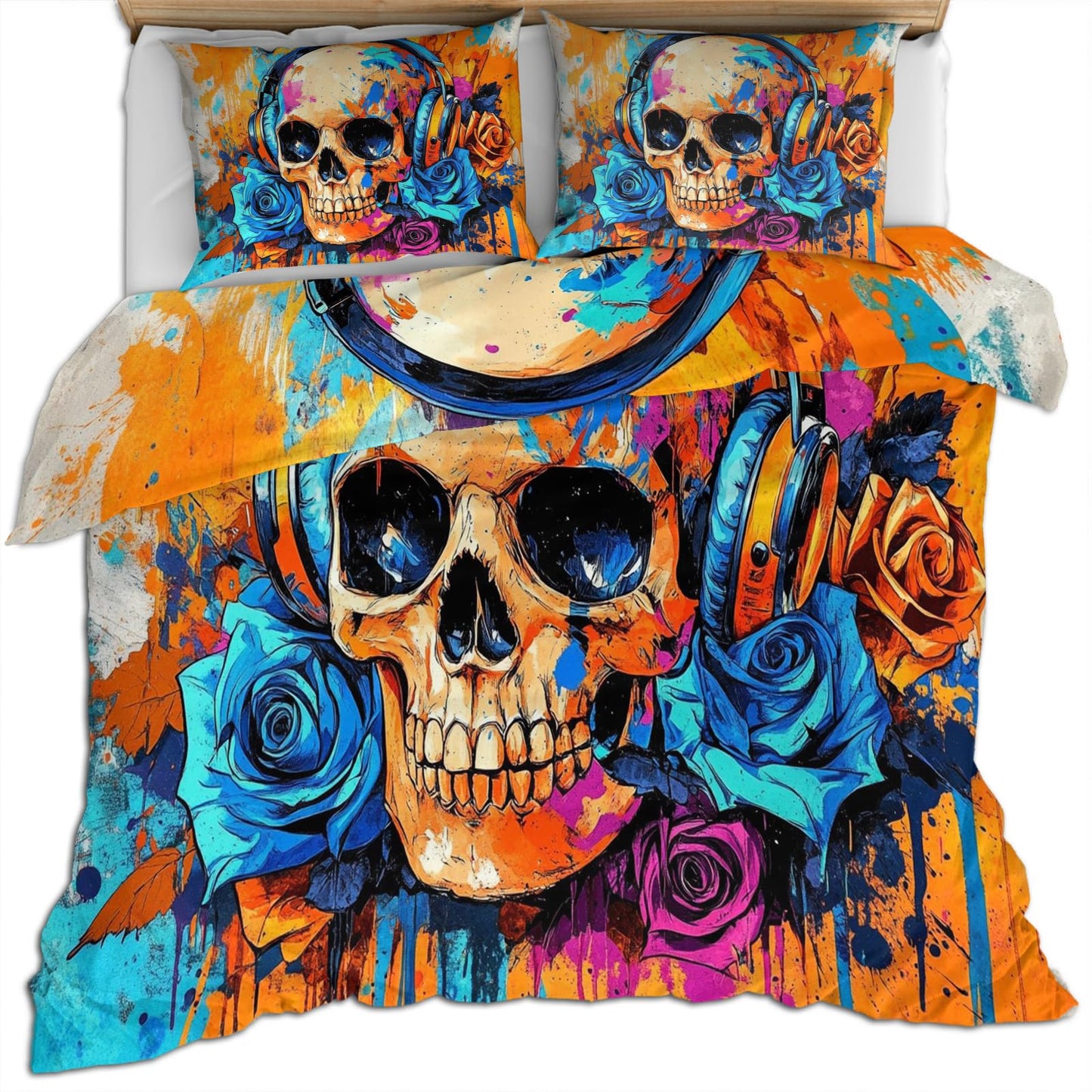 PAISUOQ Graffiti Bedding Sets Full Floral Skull Comforter Cover with Zipper Ties, Graffiti Music Duvet Cover with 2 Pillowcases, 3 Pieces，Bedroom Decor & Gifts