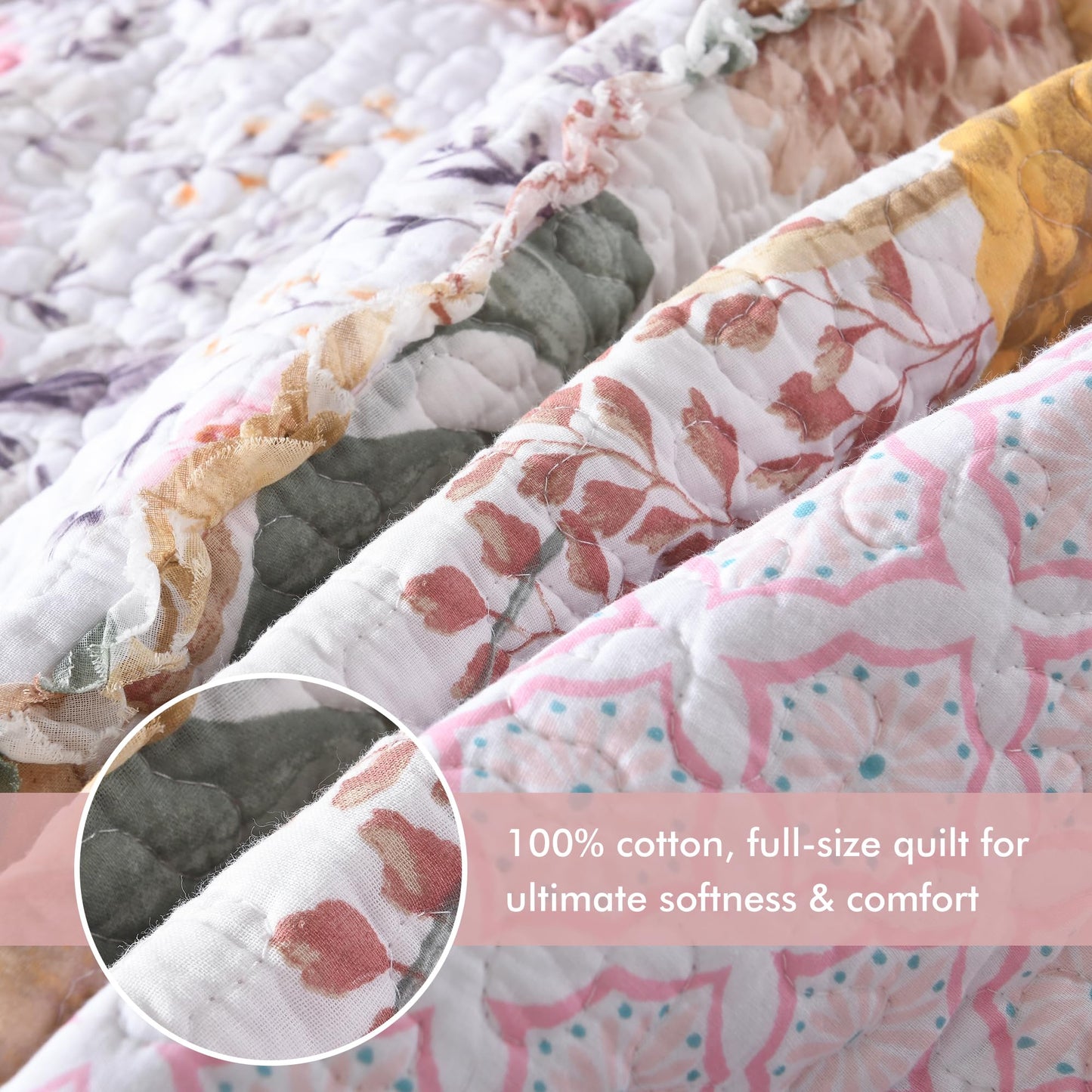 Etwel 100% Cotton Patchwork Queen Size Quilt Set - Lightweight Breathable Reversible Bedspread for Hot Sleepers, Farmhouse Bedding Set with 2 Pillow Shams for All Season (90"x90", Pink Floral Plaid)