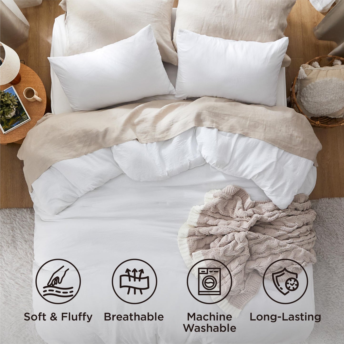 Bedsure Queen Comforter Set, White Soft Prewashed Bedding for All Seasons, 3 Pieces GentleSoft™ Bed Set, 1 Lightweight Comforter (90"x90") and 2 Pillowcases (20"x26")