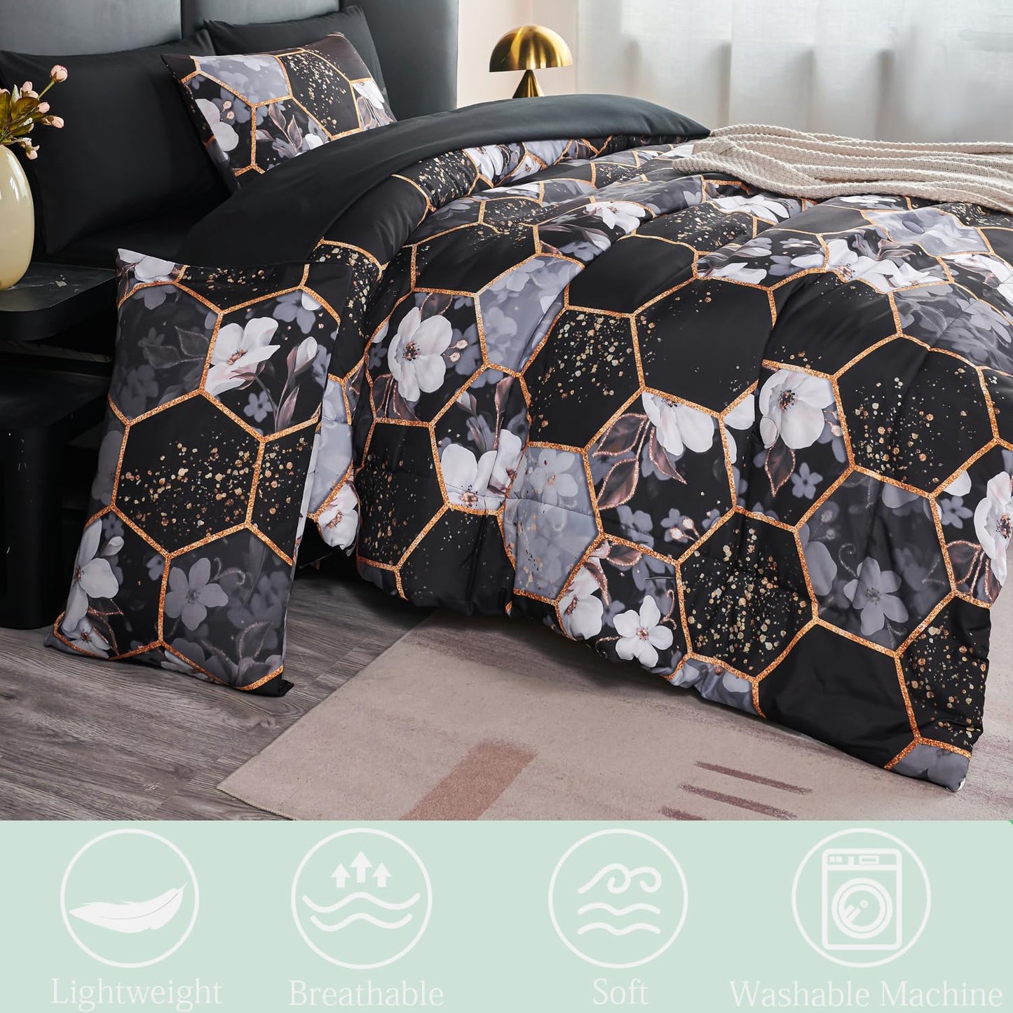 ANGIYUIN Black Gold Full Comforter Sets Floral Print Bedding Sets 7 Pieces Marble Bed in A Bag with Sheets White Flowers Bedding Comforter Sets for Women Men