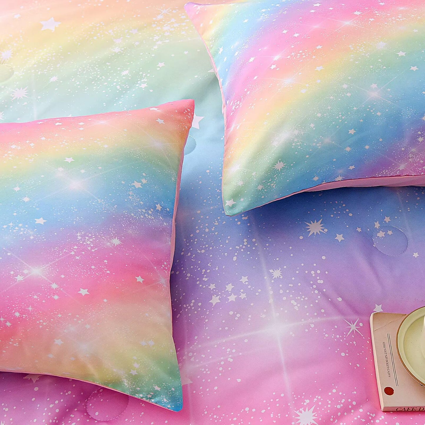 GRAT TIOC 6 Pieces Pink Twin Comforter Set for Girls,Kids Glitter Galaxy Rainbow Bedding Sets Bed in A Bag (1 Comforter, 1 Flat Sheet,1 Fitted Sheet,2 Pillowcases and 1 Cushion Cover)