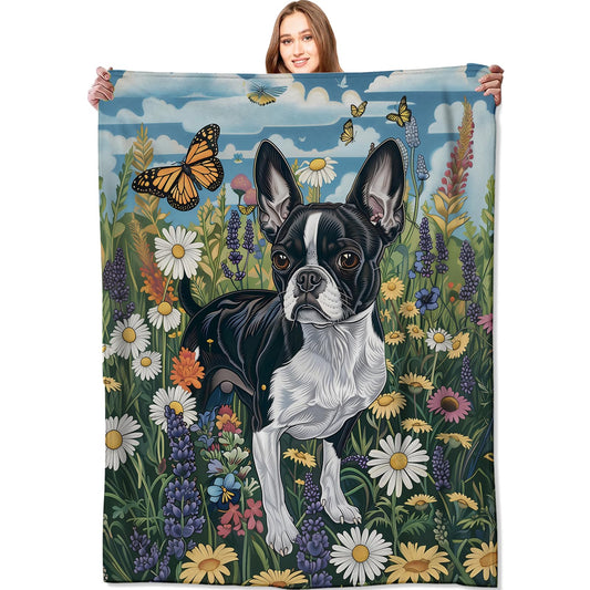 VODRM Boston Terrier Blanket Cute Dog Throw Blankets,Birthday Gifts for Kids Adult & Pet Lovers,Lightweight Soft Fleece with Wildflower and Butterfly,for Sofa Couch Bed Room Decor 50x60in