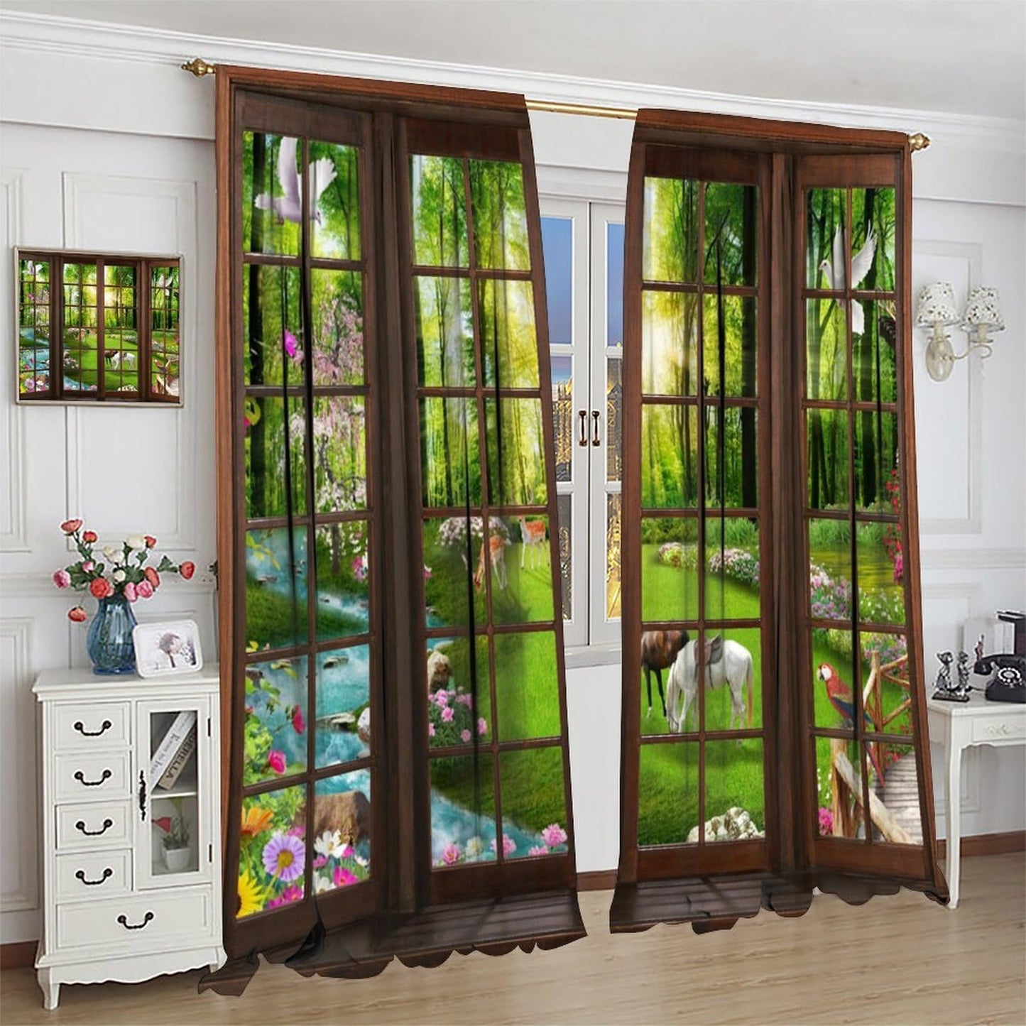 Landscape Window Curtains, 3D Window Forest Animals Lake Spring Forest Wildlife Nature Scenery Window Treatments for Bedroom Living Room Kitchen Home Farmhouse Drapes 2 Panel Set, 42x45 Inch
