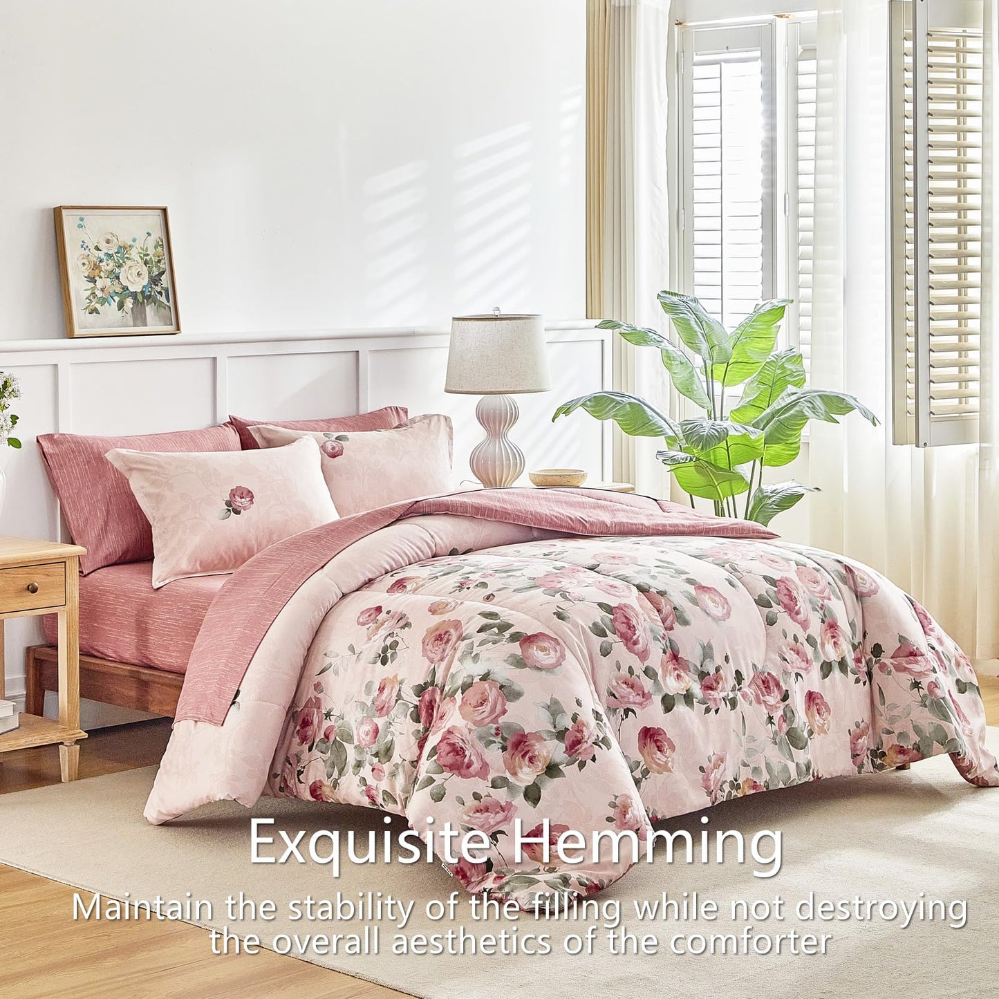AIKASY Pink Queen Comforter Set with Sheets,Bed in a Bag 7-Pieces,Palm Tree Totem Printing Design,Ultra Soft Down Alternative All Season Bedding Set(Queen, Pink)