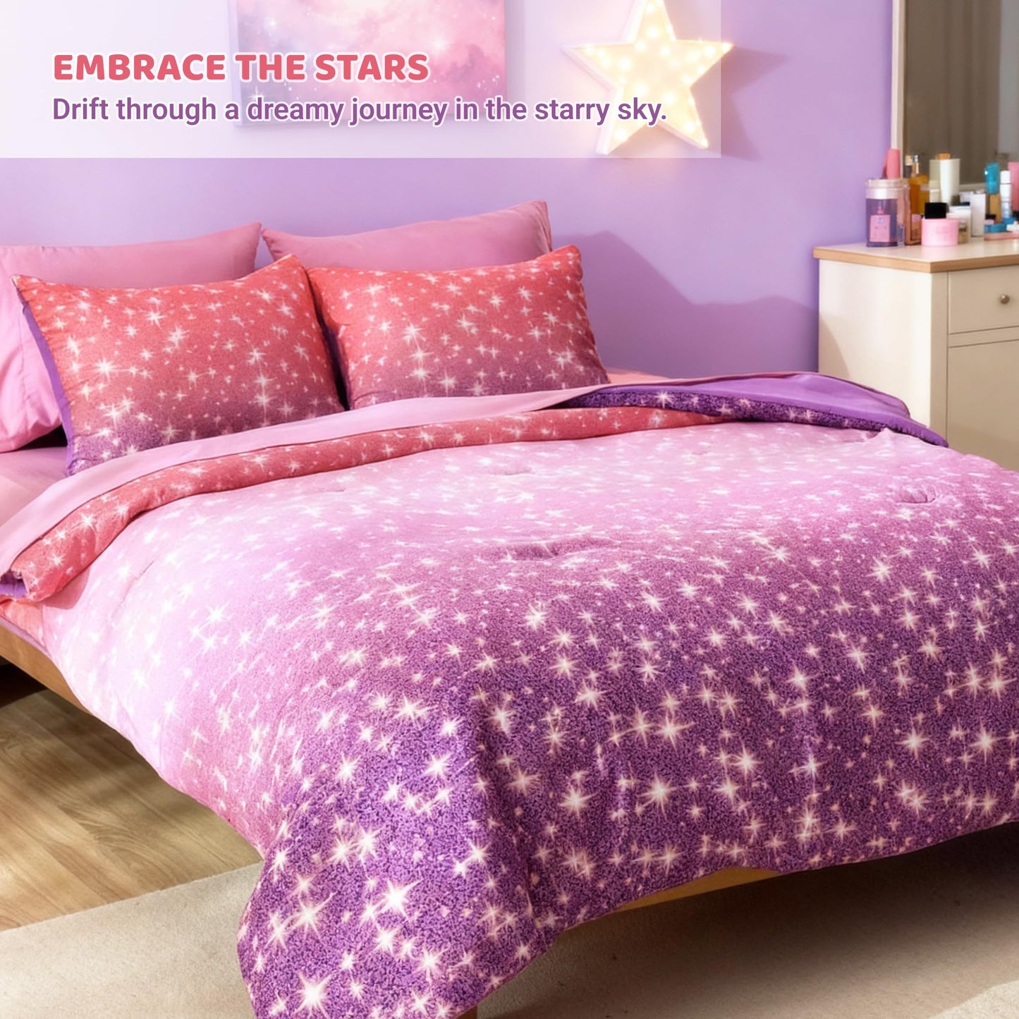 Kaleido Space Twin Comforter Set for Girls, Kids - 5 Pieces Purple Galaxy Patterns Twin Bedding Sets for Girls Boys Teen, Soft Cozy Bed in A Bag with Sheets