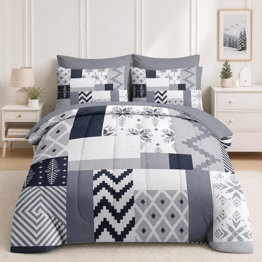 Boewywh Comforter Set Twin Size Geometric Patchwork Snowflake 7 Pcs, Bedding for Kids and Adults, Grey Winter Bed Sheet Sets with Fitted Sheet 2 Pillowcases & 2 Shams for Bedroom Bed Decor