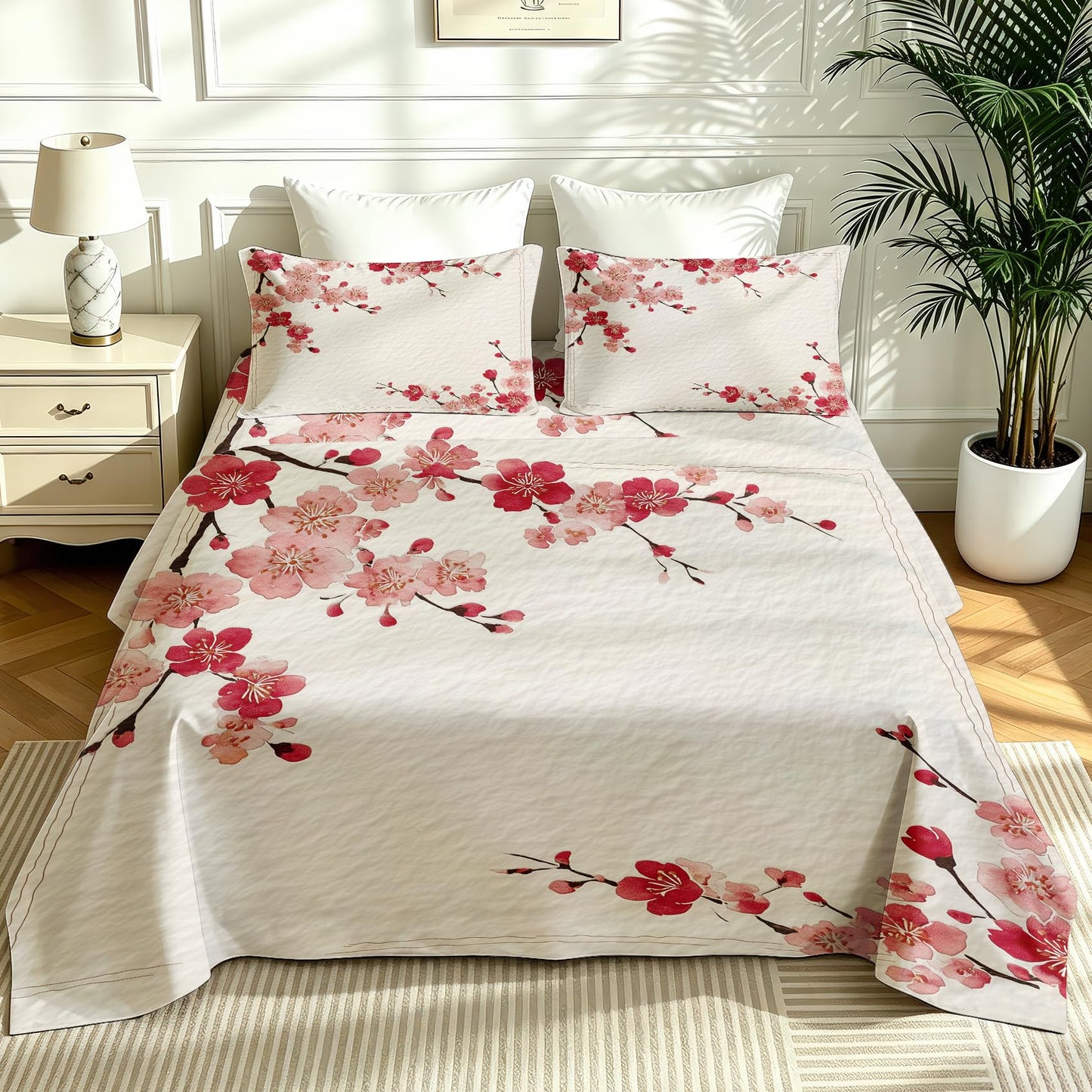 Cherry Blossom Full Sheet Set Japanese Red Flower Flat Fitted Sheet Sets