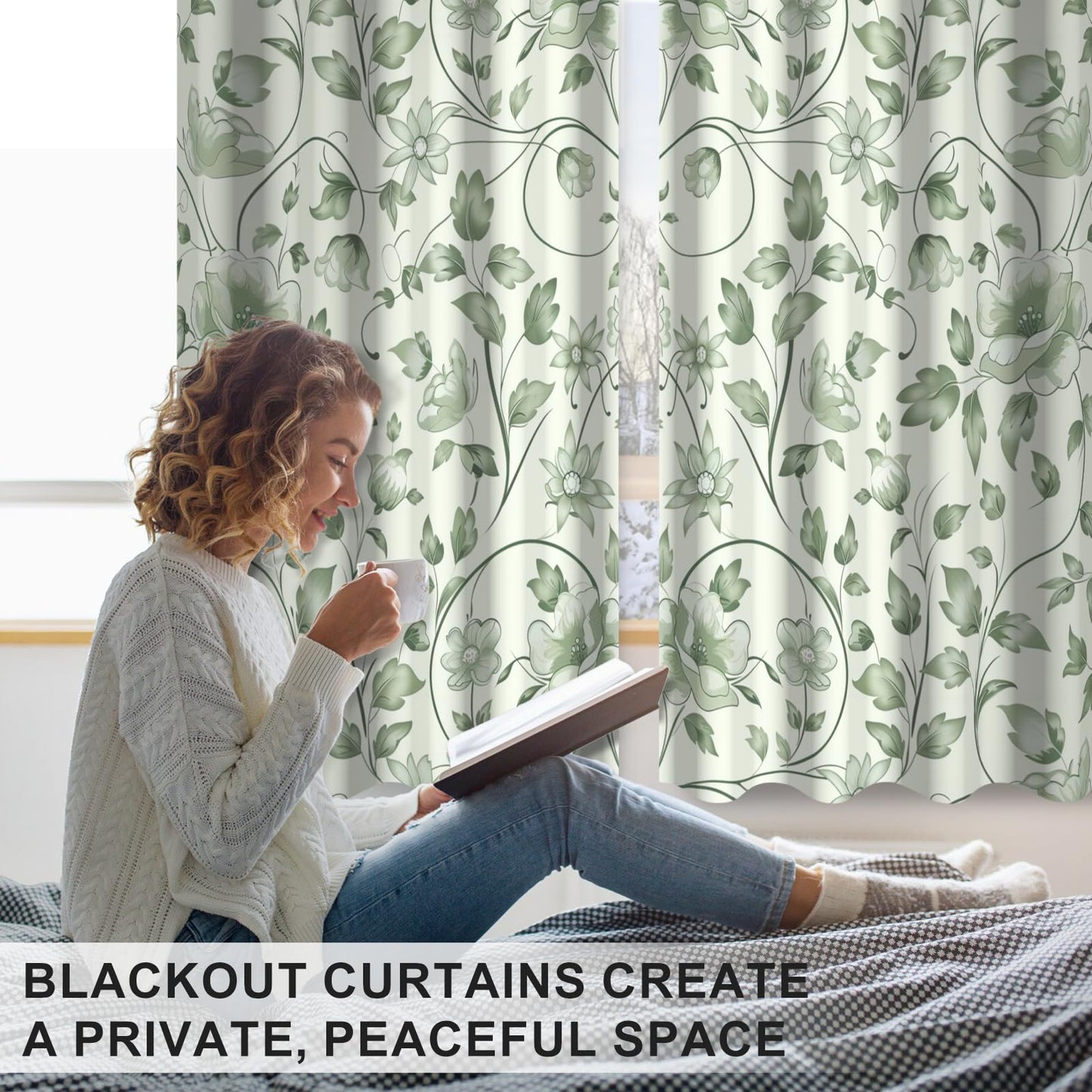 Green Floral Blackout Curtains for Bedroom and Living Room, Spring Thermal Insulated Soundproof Grommet Vintage Patterned Black Out Curtains 63 Inch Length 2 Panels Set, Nursery Room Darkening Drapes