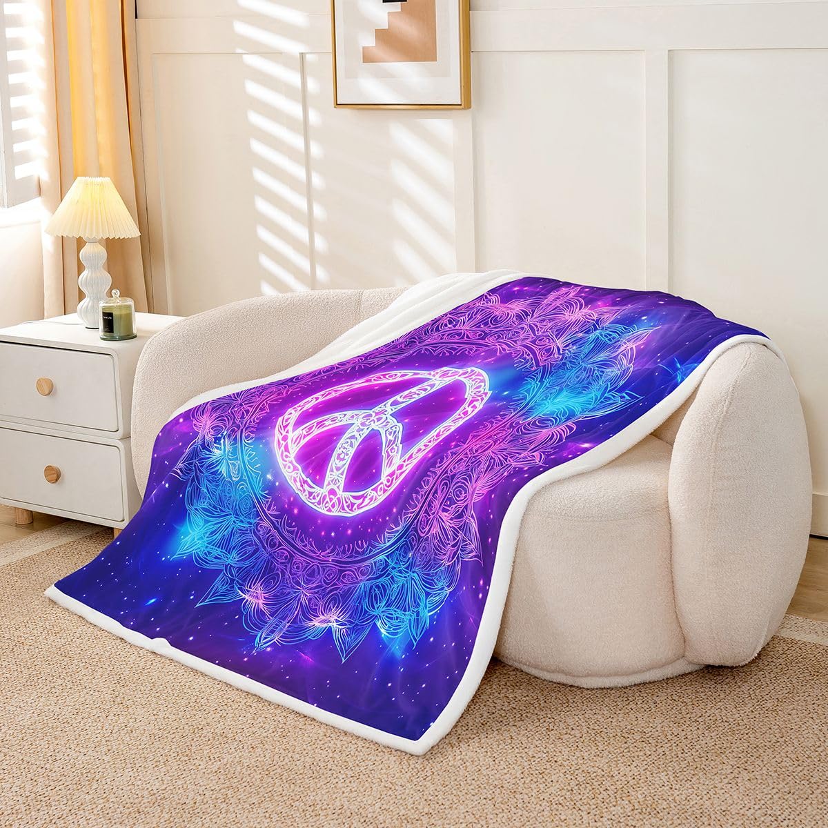 Feelyou Boho Mandala Fuzzy Blanket Bohemian Style Sherpa Blanket Hippie Peace Art Fleece Blanket for Chair Sofa Couch Peace Sign Artwork Plush Throw Blanket Blue Purple Room Decor Throw 50"x60"