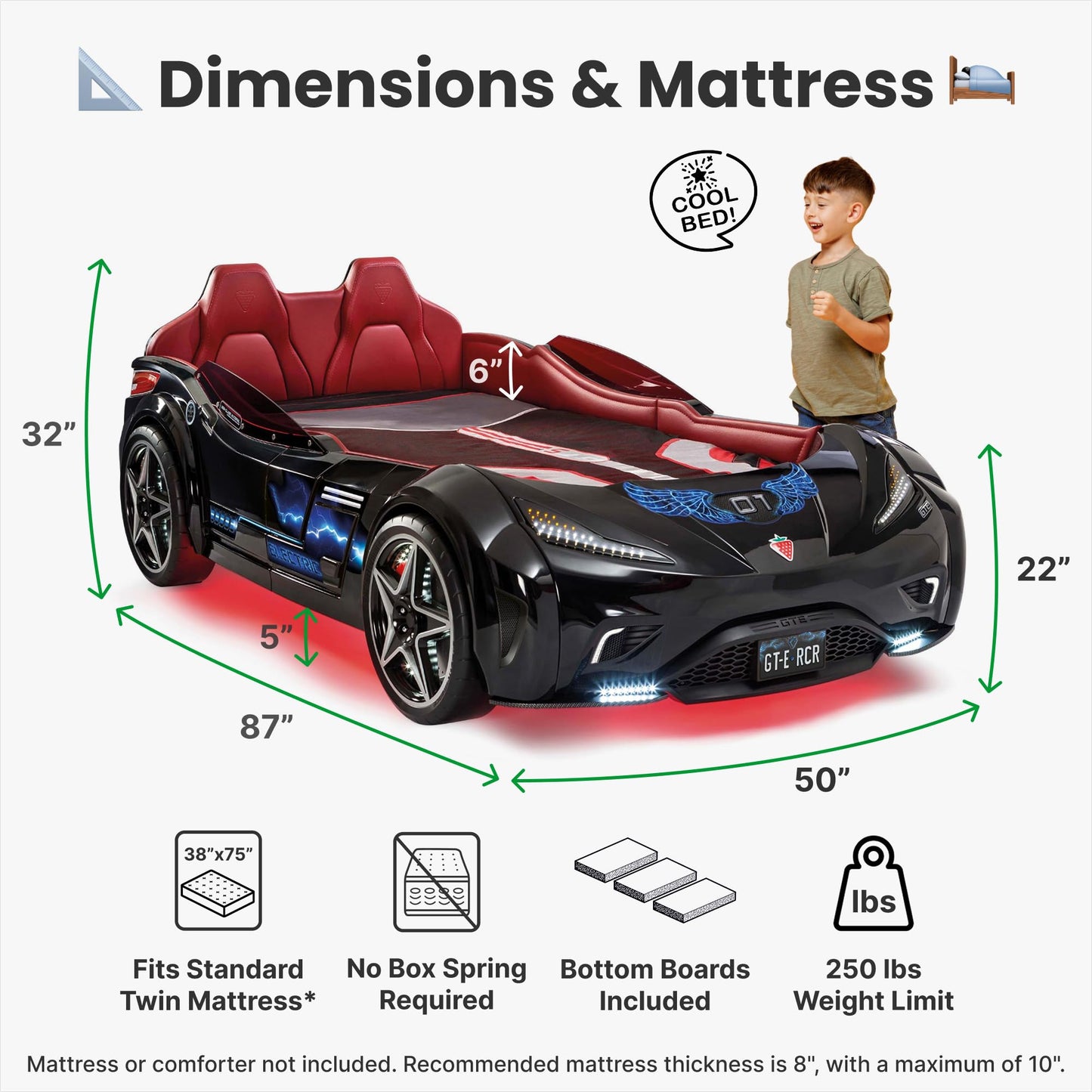 Cilek GTS EV Twin Race Car Bed for Boys with Remote Control, LED Lights & Sounds, Vegan Leather Headboard, Guardrails, Non-Toxic, Fits Twin Mattress, 250 lbs. Capacity, Suitable for ages 3-12, Black