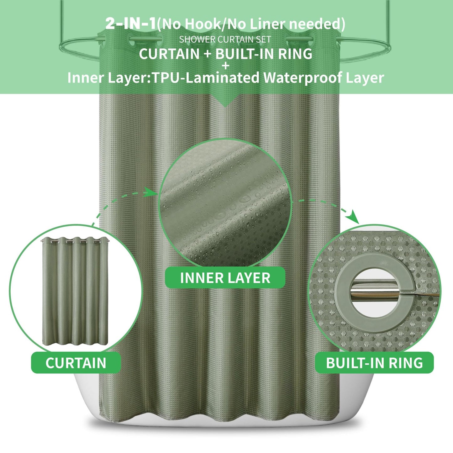 No Hook/Liner Waffle Shower Curtain, Waterproof, 71x74 Inch Sage Green