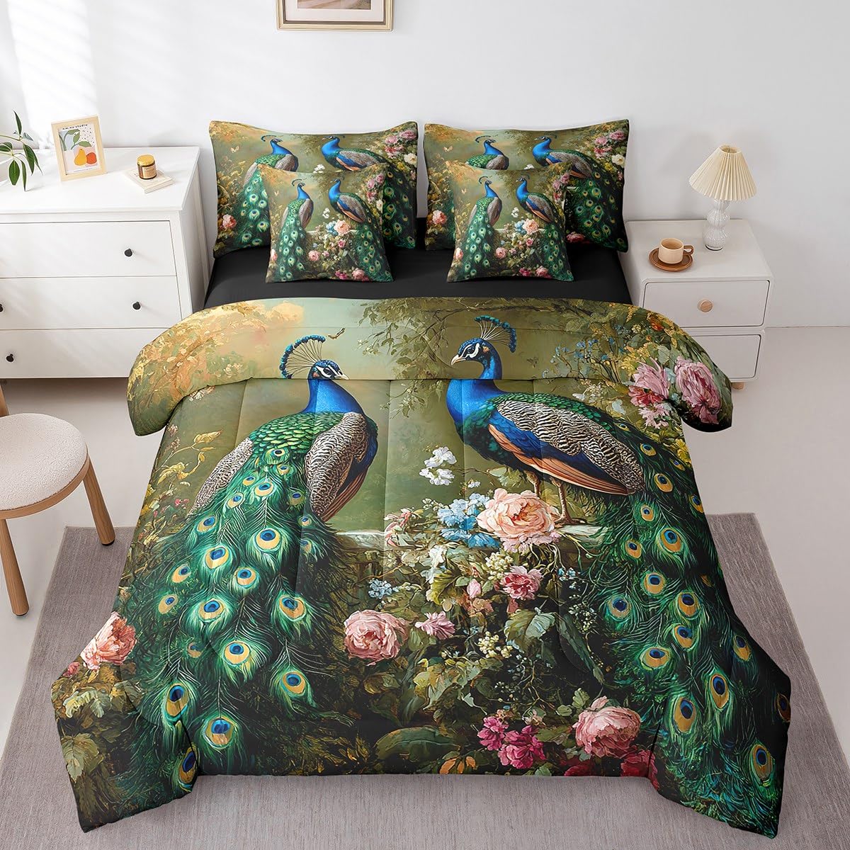 Erosebridal Peacock Comforter Set King Size,Elegant Birds Bedding Set for Kids Teens,Oil Painting Floral (Comforter+Fitted+Flat Sheet+2 Pillowcases+2 Throw Pillow Covers) 7 Pieces Bed Set