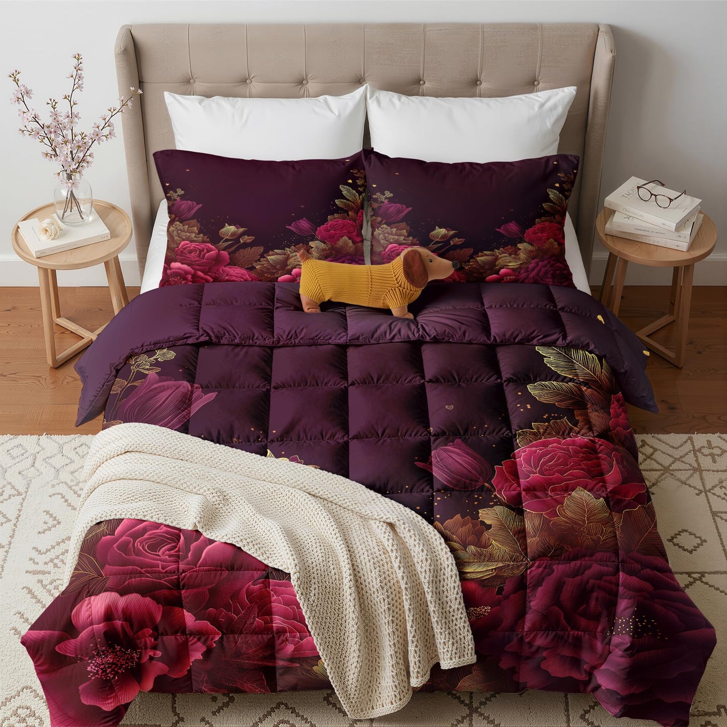 Valentines Day Comforter Set Twin Size 2 Pcs - All Season Duvet Insert & Pillowcase, Red and Gold Floral Bedding Set, Soft Lightweight Down Alternative Comforter, Girls Burgundy Bedroom Decor