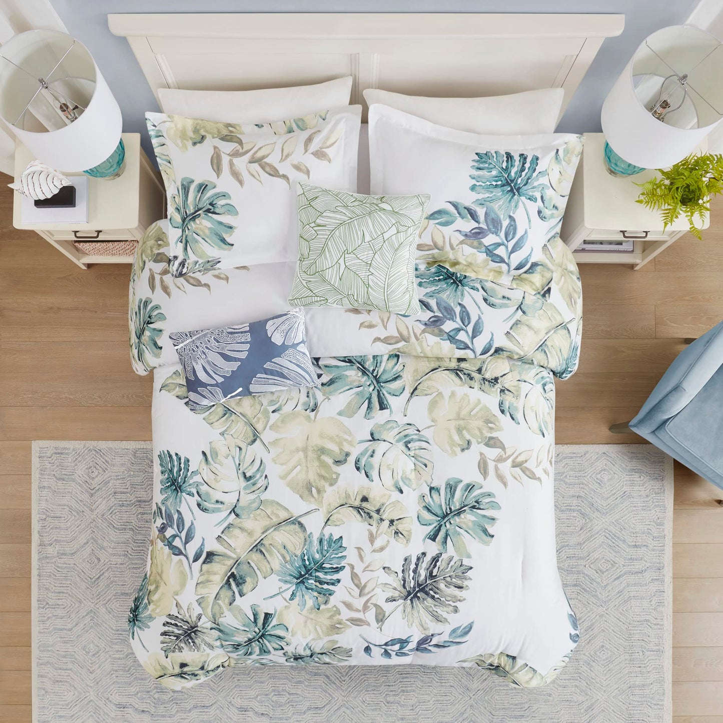 Harbor House Cozy Cotton Comforter Set - Coastal, All Season Down Alternative Casual Bedding with Matching Shams, Decorative Pillows, Lorelai, Monstera Leaf Green King(110"x96") 6 Piece