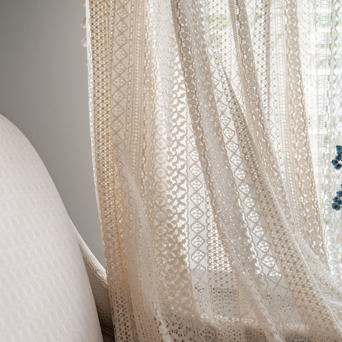 Sutuo Home Boho Curtains Crochet Lace Semi-Sheer Bohemian Hollow Knitted Handmade Tassels, Rod Pocket Window Treatment Vintage Rustic Farmhouse Drapes for Living Bedroom, 1 Panel 59" W x 63" L, Beige