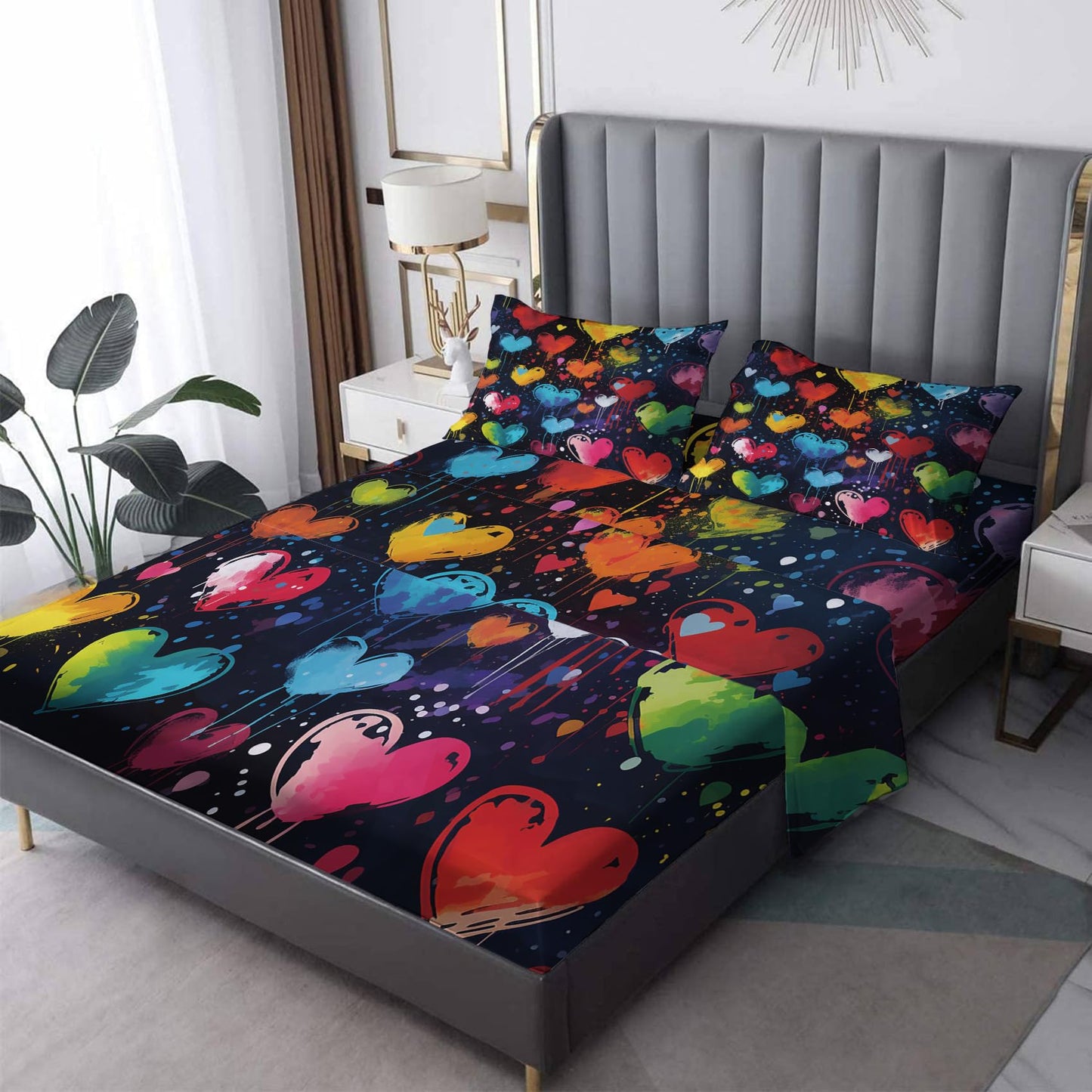 Love Heart Sheets Queen Sheet Set, Couple Colorful Heart Bed Sheets, Rainbow Heart Children Kids Boys Girls Bedding Bedroom Decor, Soft Microfiber Deep Pocket Fitted Sheet & Flat Sheet & 2 Pillowcases
