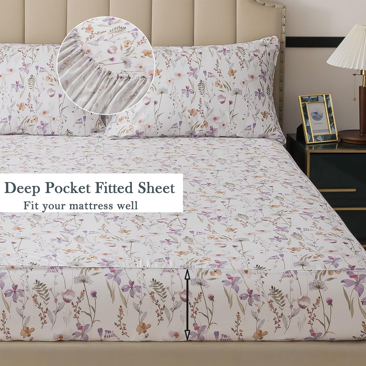 FADFAY Twin Size Sheet Set, 70% Viscose Derived from Bamboo, 30% Cotton 4 Pieces Country Style Lavender and Orange Floral Print Bedding, Deep Pocket Fitted Sheet