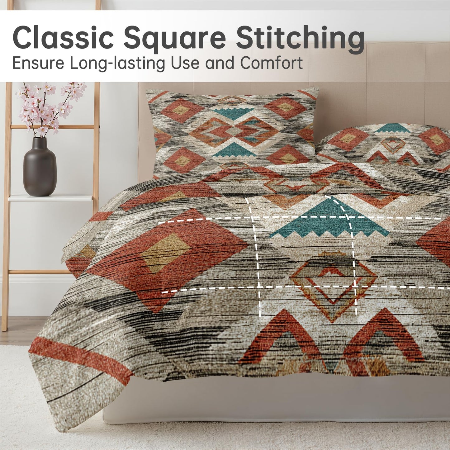 Southwestern Comforter Queen Size - 3 Pcs Bed Set, All Season Duvet Insert & 2 Pillowcases, Native American Bedding Set, Soft Lightweight Down Alternative Comforter, Geometric Bedroom Decor