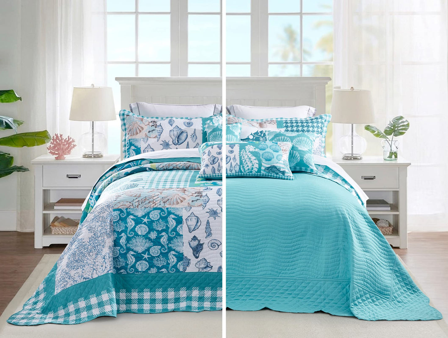HZ & HY Coastal Oversized King Bedspread 128x120 Extra Wide, Reversible Beach Pattern Quilt Set King/Cal King, Lightweight Coverlet, Scalloped Edge - Nautical Coastal Look, 6 Piece, Seahorse