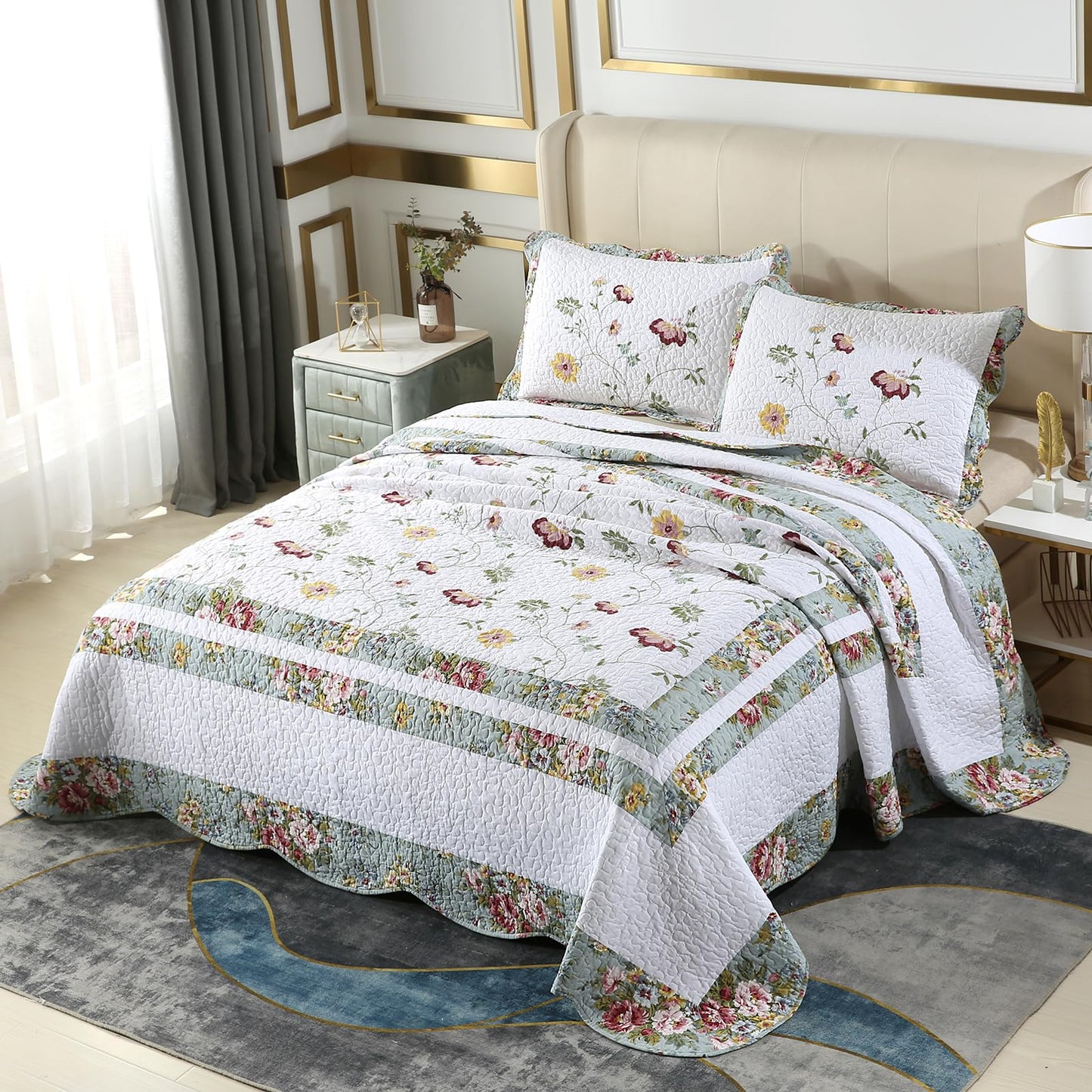 ROOMLIFE Quilt Set Queen Size 3D Floral Embroidery Pattern 3-Piece Cotton Reversible Quilted Embroidered Decorative Bedspreads Coverlet Bedding Set, Lightweight &Soft, All Season(104" X 90.5") Green