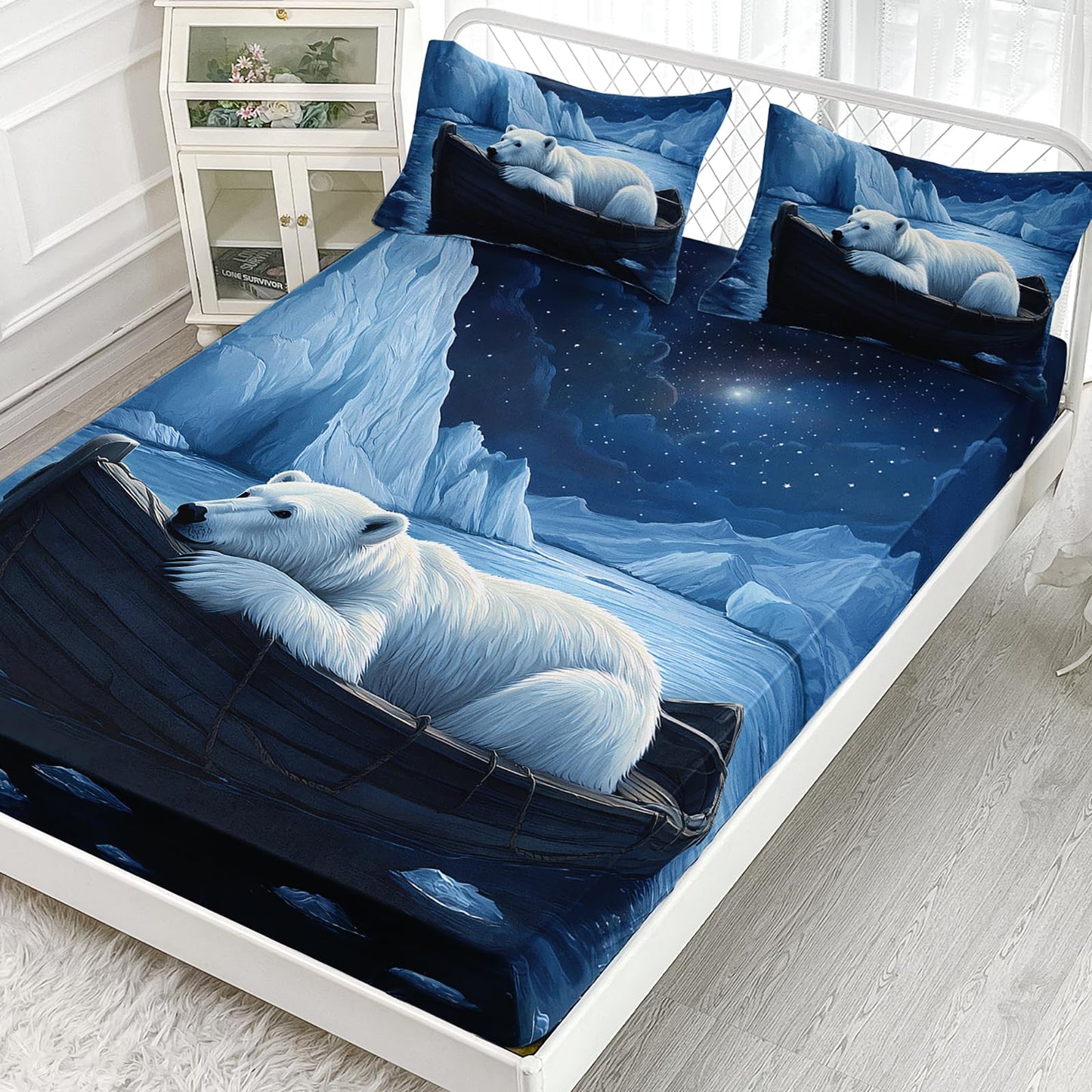 AILONEN Cartoon Polar Bear Fitted Sheet Set Twin XL Size,Starry Night Arctic Animal Bed Sheet Set for Kids Teens,Iceberg Polar Bear Fitted Sheet with 2 Pillowcases,3Pcs