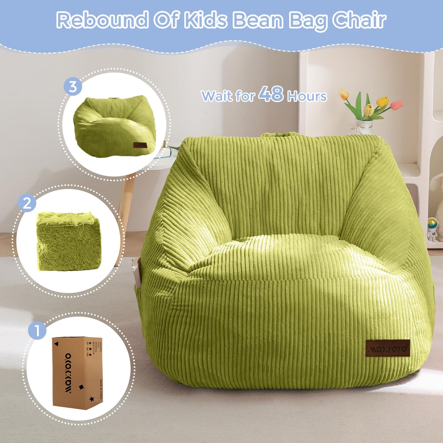 MAXYOYO Kids Bean Bag Chair, Bean Bag Couch with Handle, Comfy Toddler Chair for Boys and Girls, Accent Sofa Chair with Pocket for Gaming Reading Relaxing, Green