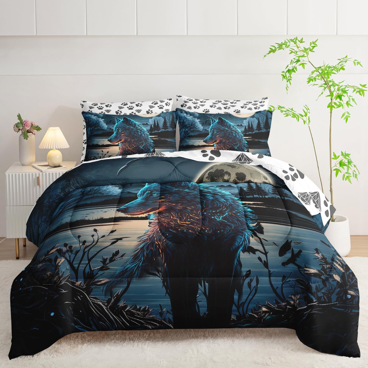 AILONEN Boys Wolf Comforter Set Twin Size,7-Piece Soft Bed in a Bag,Safari Animal Wolf Comforter & Fitted Sheet & Flat Sheet & 2 Pillowcases,2 Pillow Shams for Room