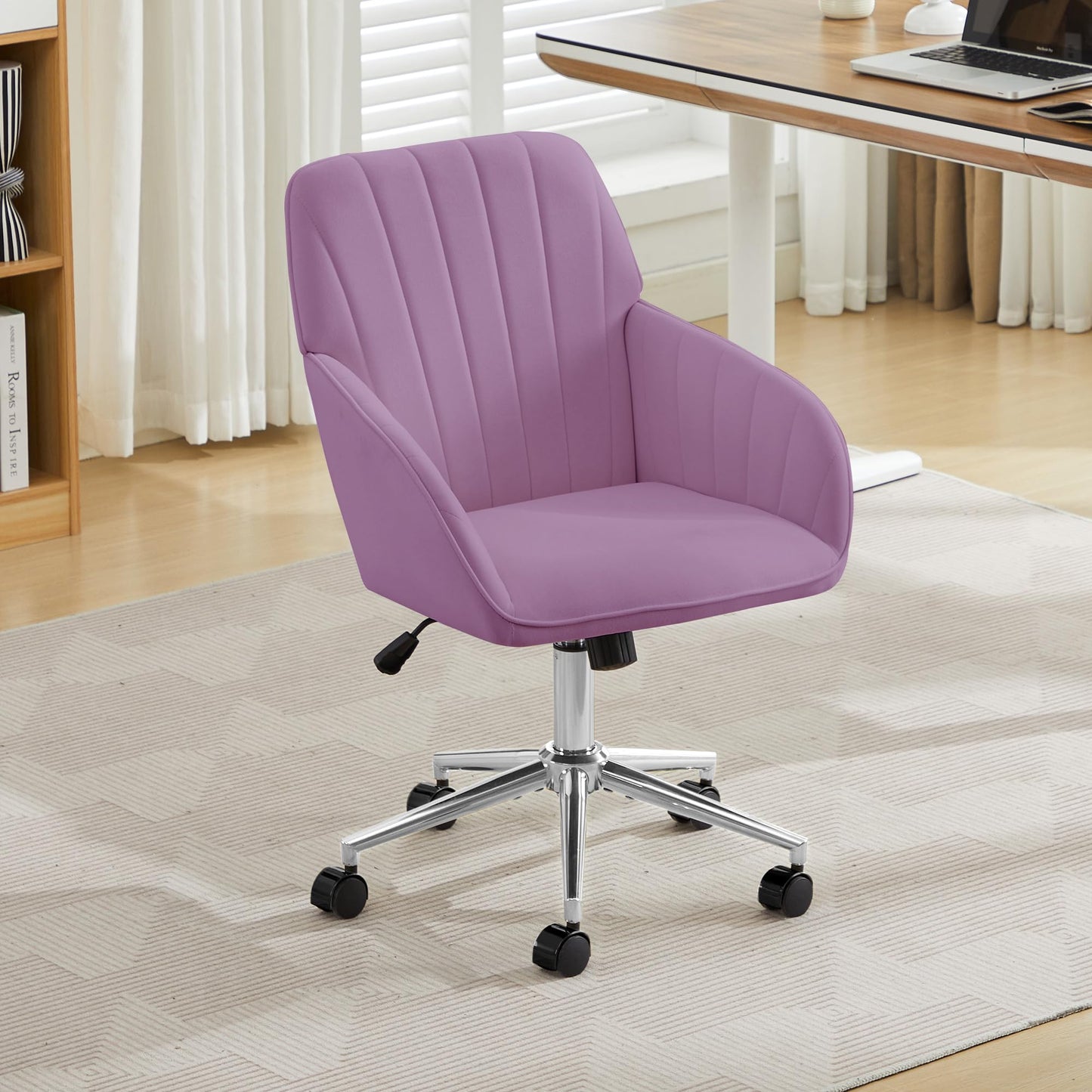 YITAI Velvet Office Desk Armchairs with Silver Base and Wheels,Modern Height Adjustable 360 Degree Swivel Upholstered Vanity Chairs for Living/Room Bedroom/Study,Light Purple