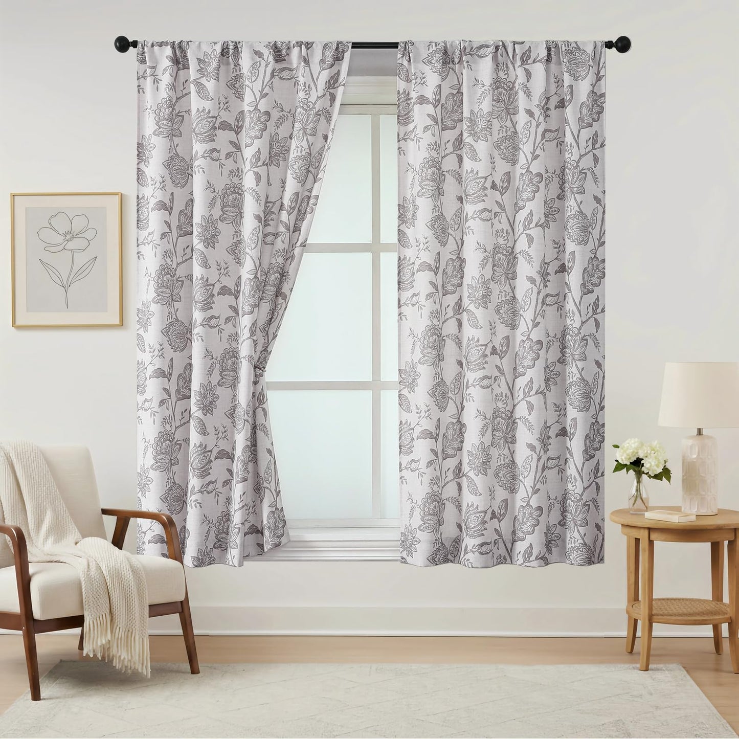 Ebesto Floral Curtains 63 Inch Length - Light Filtering Faux Linen Flower Printed Window Curtains for Bedroom, Rod Pocket No-See Through Privacy Drapes, 2 Panels, Each 40Wx63L Inches, Grey