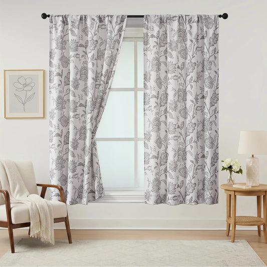 Ebesto Floral Curtains 63 Inch Length - Light Filtering Faux Linen Flower Printed Window Curtains for Bedroom, Rod Pocket No-See Through Privacy Drapes, 2 Panels, Each 40Wx63L Inches, Grey