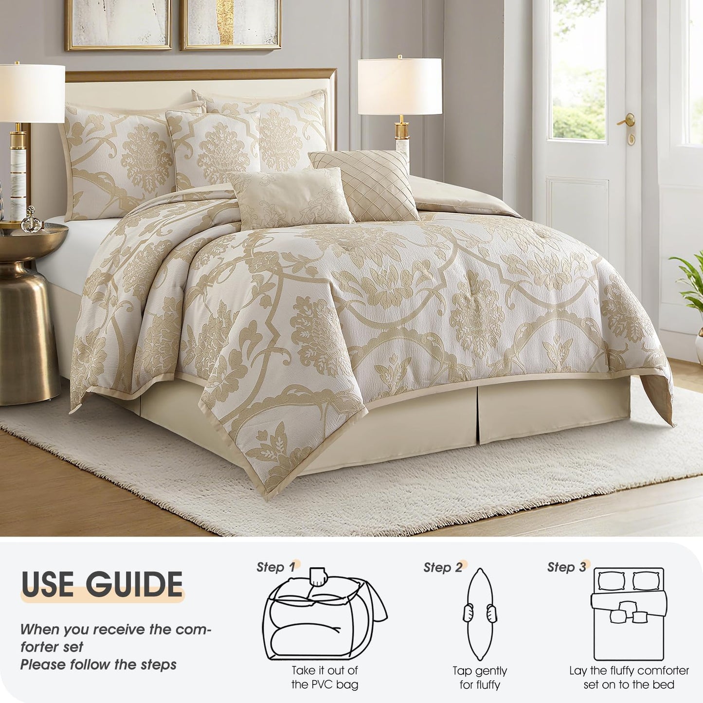 LANCO MODERN LIFESTYLE 7 Piece Gold Comforter Set, Queen, Elegant Jacquard Floral Bed in a Bag, Microfiber Bedding All Seasons with Pillow Shams, Decorative Pillows and Bed Skirt