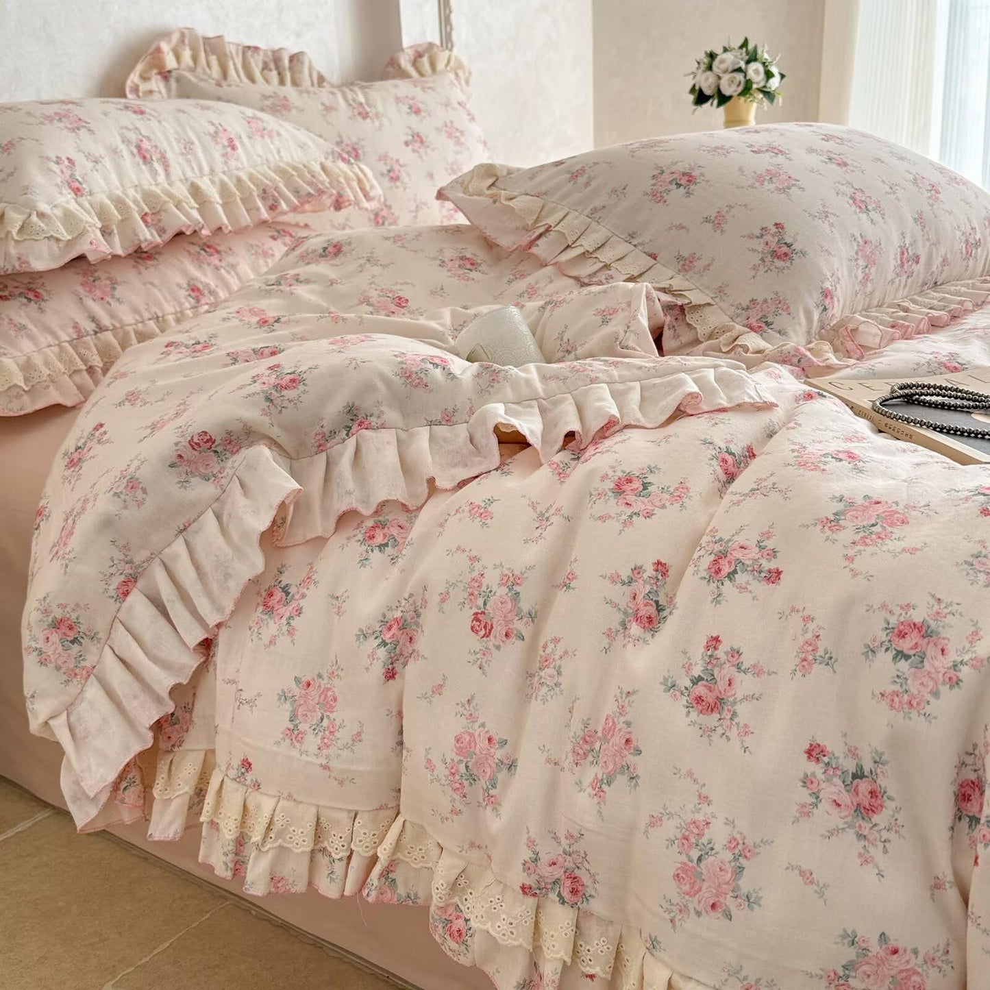 BuLuTu Pink Floral Duvet Cover Set Queen Size for Kids Teens Girls, Princess Lace Ruffled Quilt Cover Chic Aesthetic Comforter Cover with Zipper, 100% Cotton Muslin Bedding Set