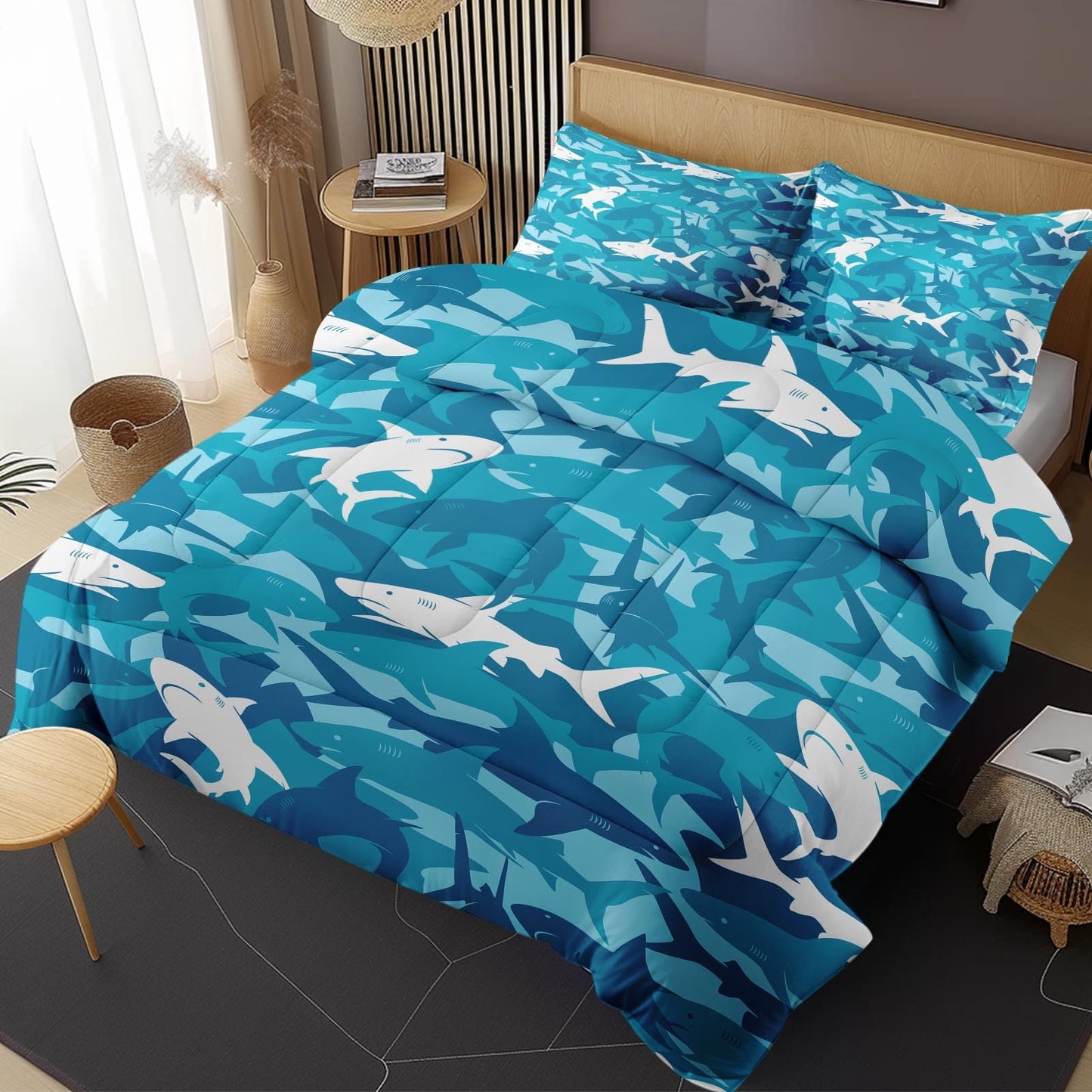 Nesphy Blue Shark King Comforter Set, Ocean Surf Camouflage Bedding Set 3 Piece, All Season Soft Toddlers Children Adults Bedroom Bed Decoration Comforter and 2 Pillow Shams
