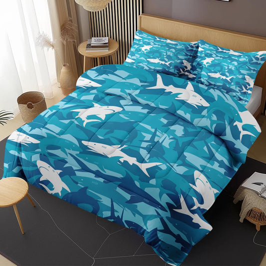 Nesphy Blue Shark King Comforter Set, Ocean Surf Camouflage Bedding Set 3 Piece, All Season Soft Toddlers Children Adults Bedroom Bed Decoration Comforter and 2 Pillow Shams