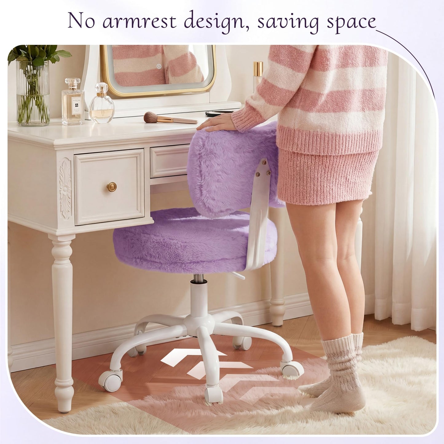 Homkdom Vanity Chair with Wheels, Cute Desk Chair with Bow Backrest, Fluffy Faux Rabbit Fur Small Office Chair for Vanity, Make-up Room, Bedroom, Dorm, Height Adjustable, Purple